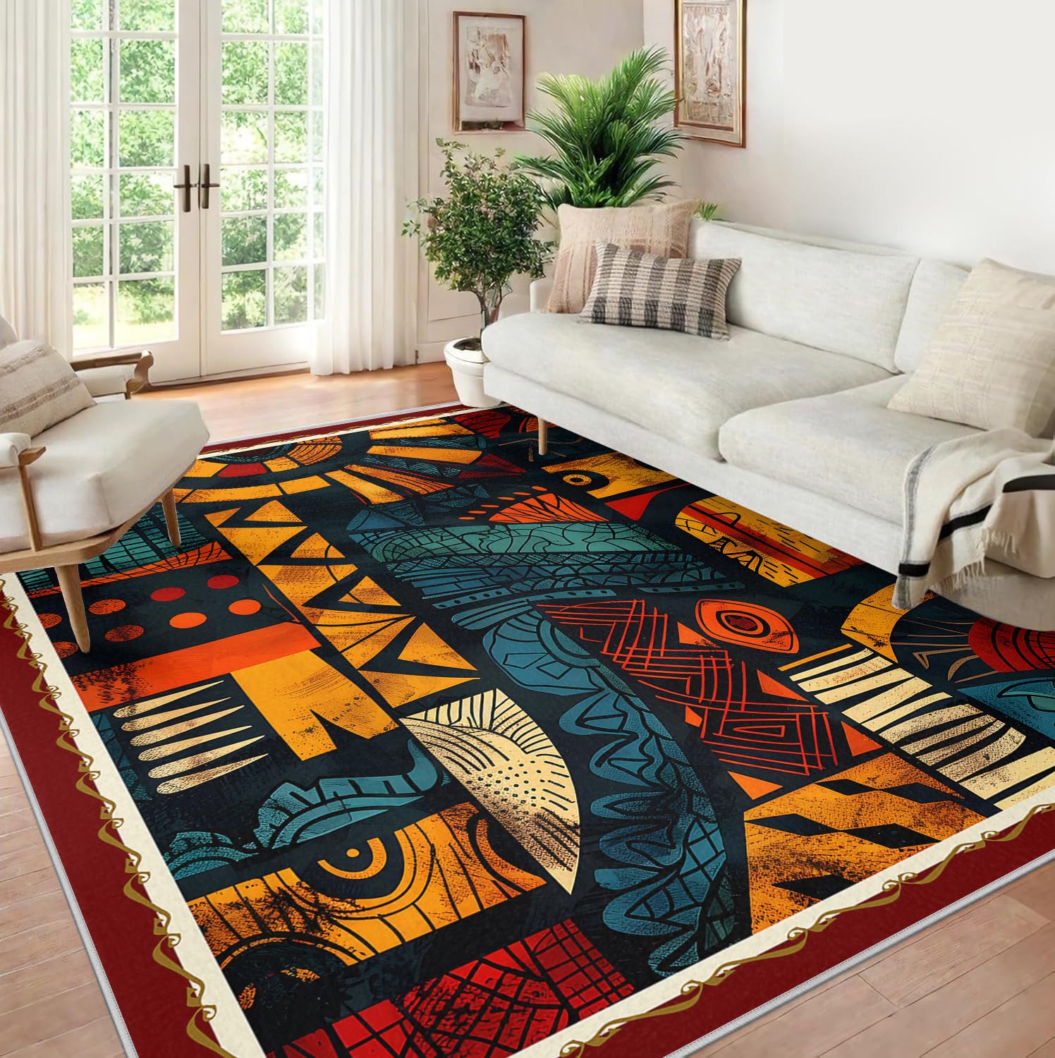 Tappeti tribali africani lavabili, blocchi totem geometrici astratti e tappeti per soggiorno con motivo etnico azteco, tappeto morbido a pelo basso per camera da letto e sala da pranzo 80x120cm