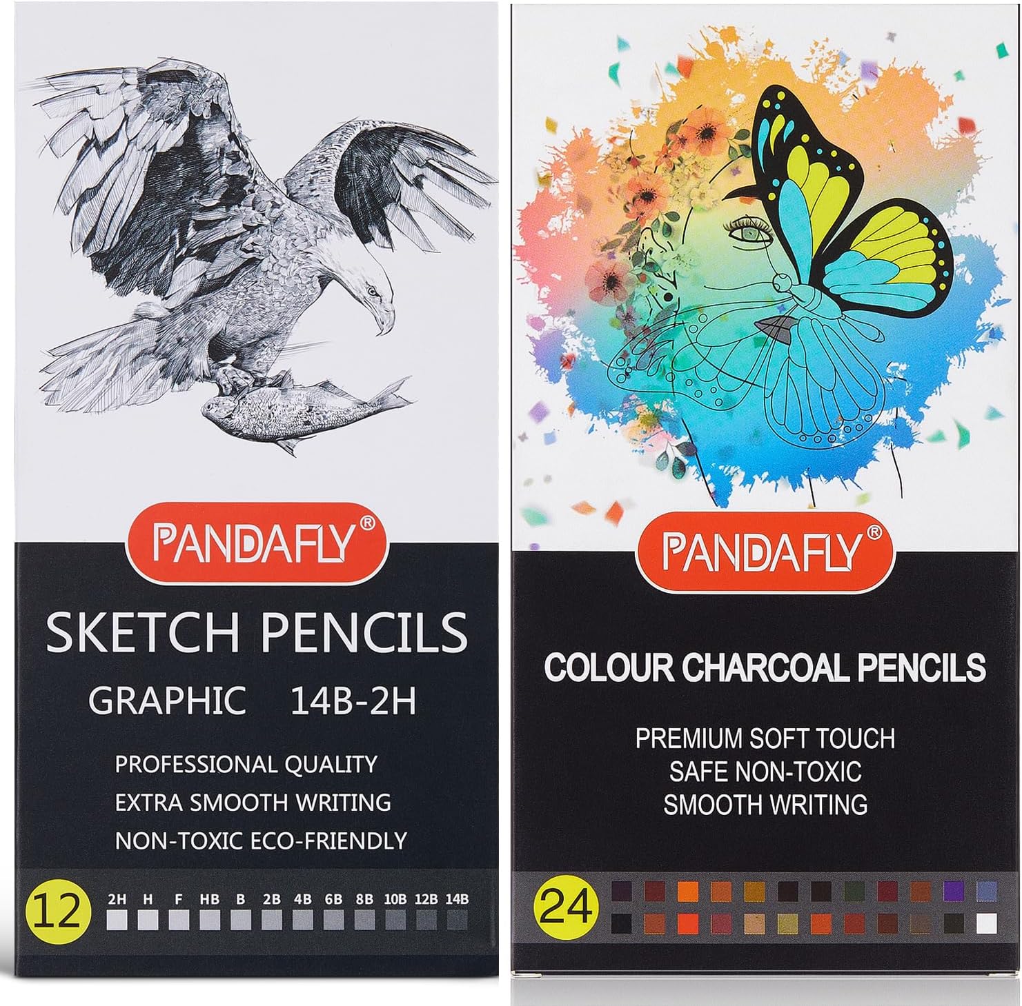 PANDAFLY Professional Drawing Sketching Pencil Set - 12 Pieces Graphite Pencils(14B - 2H) 24 Colors Professional Colour Charcoal Pencils Drawing Set