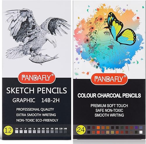 PANDAFLY Juego de lápices de dibujo profesional  12 lápices de grafito (14B - 2H) 24 colores profesionales de lápices de carbón de colores