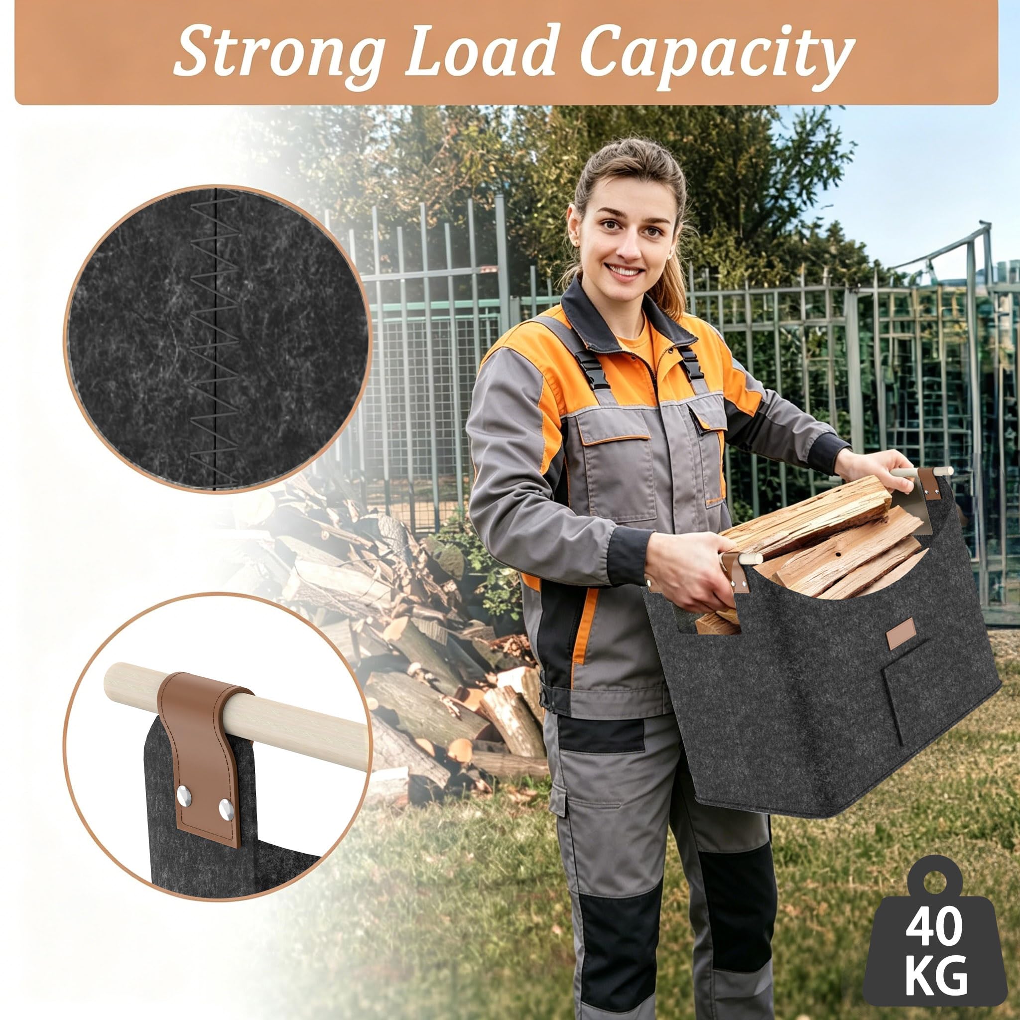 4 Stück Groß Filz Holzkörbe 60 Liter Faltbare Einkaufstaschen | Multifunktion Kaminholztasche mit Holzgriff Vliesstoff Aufbewahrung Tasche bis 40KG für Brennholz Einkaufen (Grau)