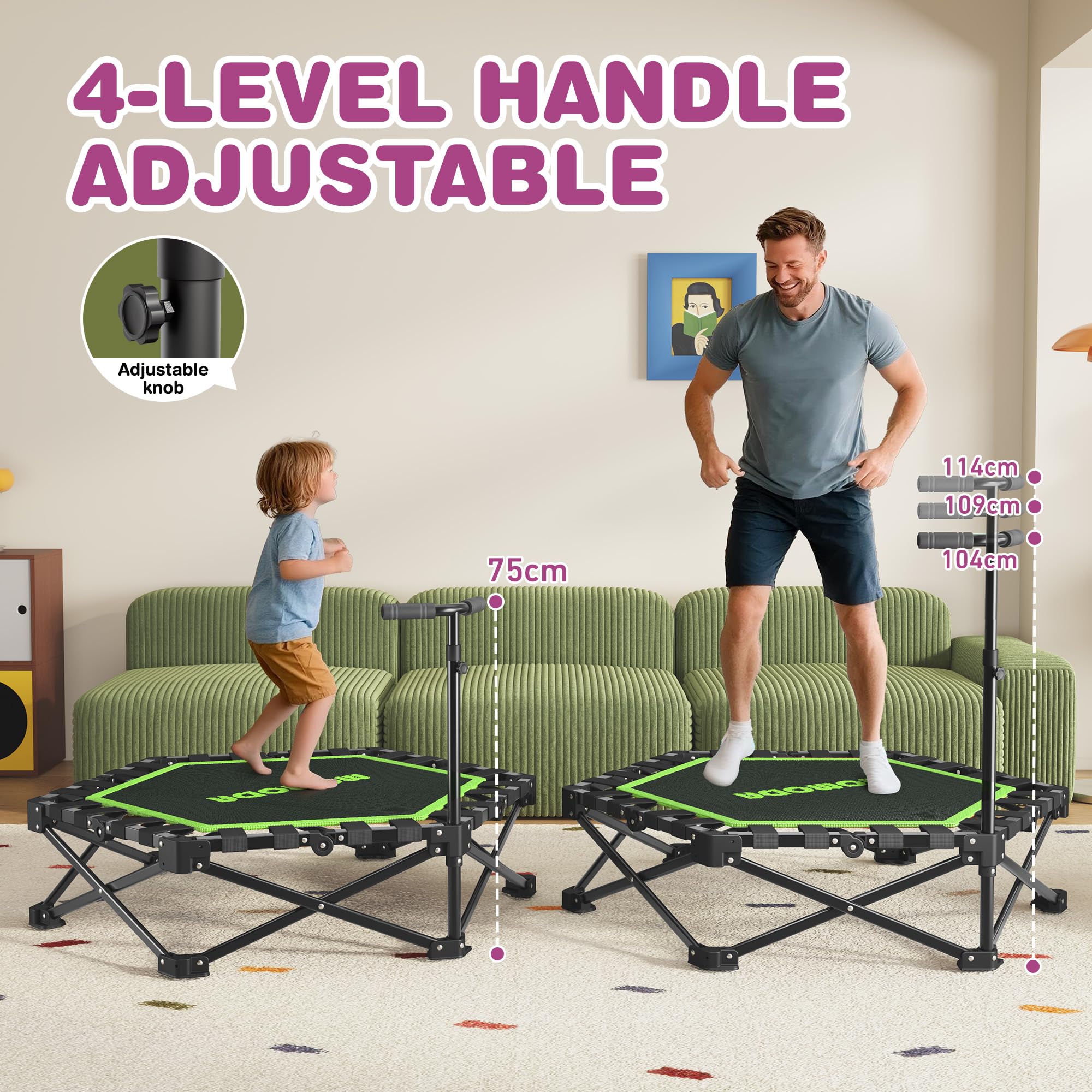 MOMODA Mini Trampolino da 76,2 cm/114,3 cm, per Bambini e Adulti, Trampolino Pieghevole con Manico, carico Massimo 90,7 kg