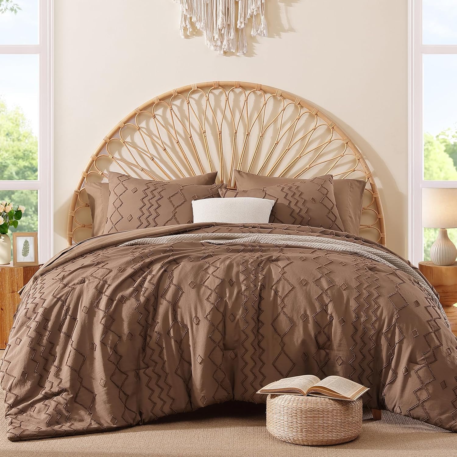 Queen Comforter Set Brown, Tufted Geometric Boho Bedding Farmhouse Bed Set, All Season 7 Pieces Bed in a Bag with Sheets, Pillowcases & Shams - Image 3
