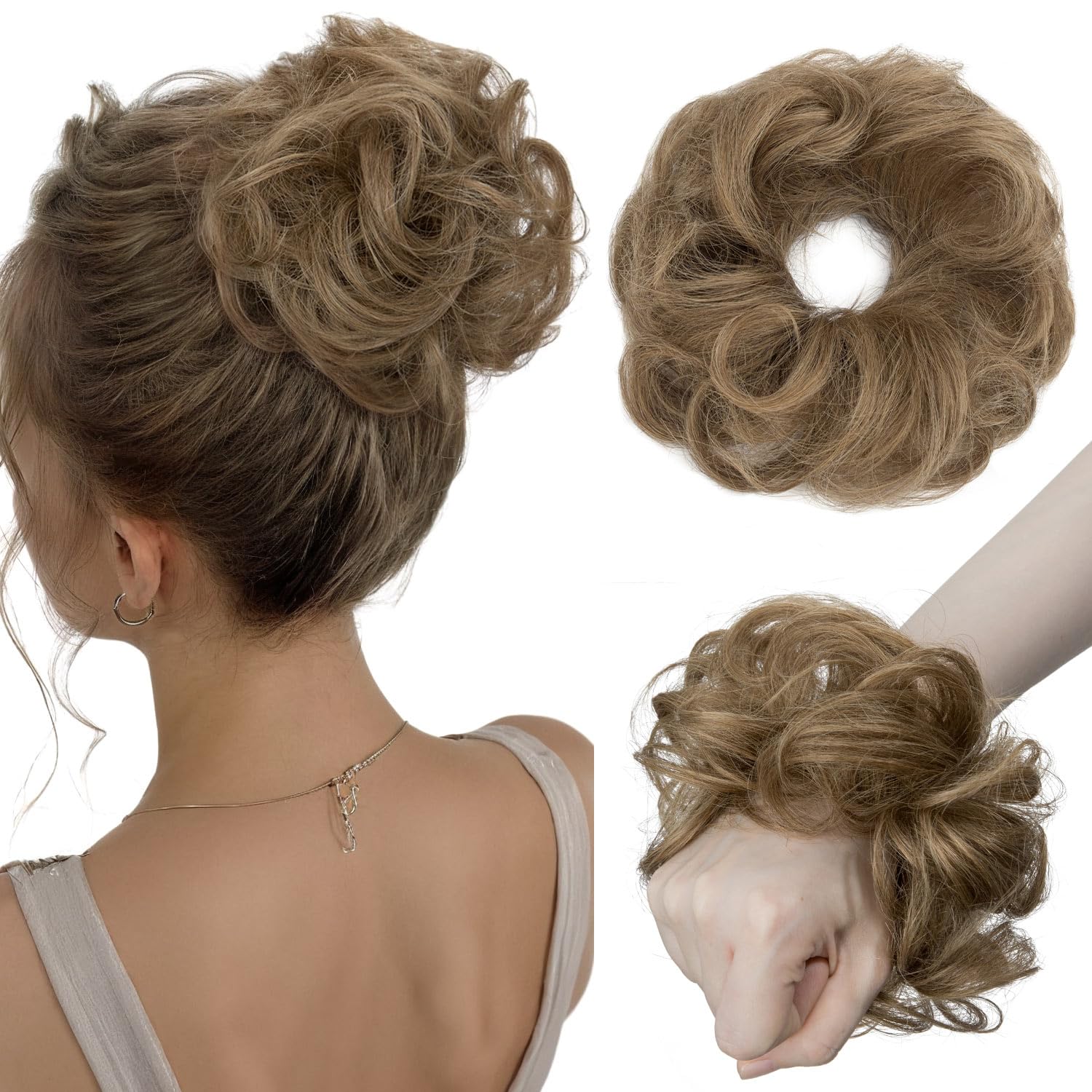 TESSHAIR Human Hair Messy Bun, 100% Real Hair Bun Extensions for Women,Wavy Curly,1 Count#06 Light Brown