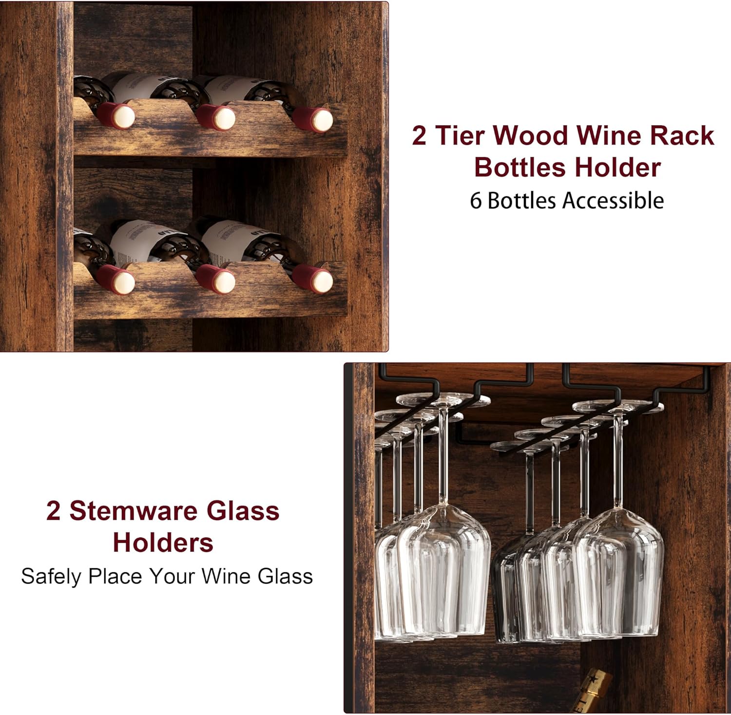IDEALHOUSE Freestanding Wine Cabinet with Glass Rack, Industrial Bakers Rack, Tall Liquor Cabinet with Storage for Kitchen, Living Dining Room, Rustic Brown