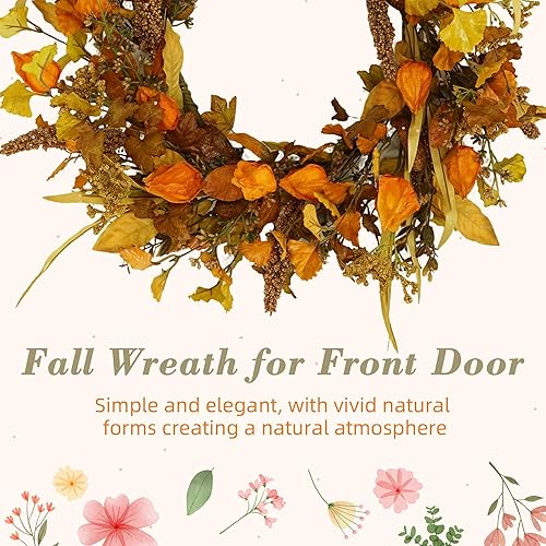 Miniatura 3 de YNYLCHMX Coronas de otoño de 18 pulgadas para puerta delantera, corona de otoño artificial con capa de grosella y hojas de ginkgo para el hogar,