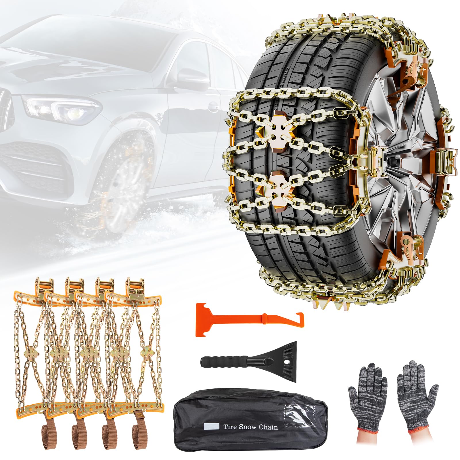 Chaînes à Neige Pour Auto GOHHME 4 Pièces Chaine Voiture Neige en Fer avec Gratte-Glace Pour Tous Types de Véhicules, Fermetures à Engrenages Automatiques 175mm-265mm