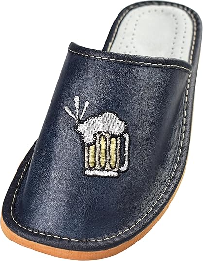 APREGGIO Men's Handcrafted Leather Slippers with Unique Beer Design