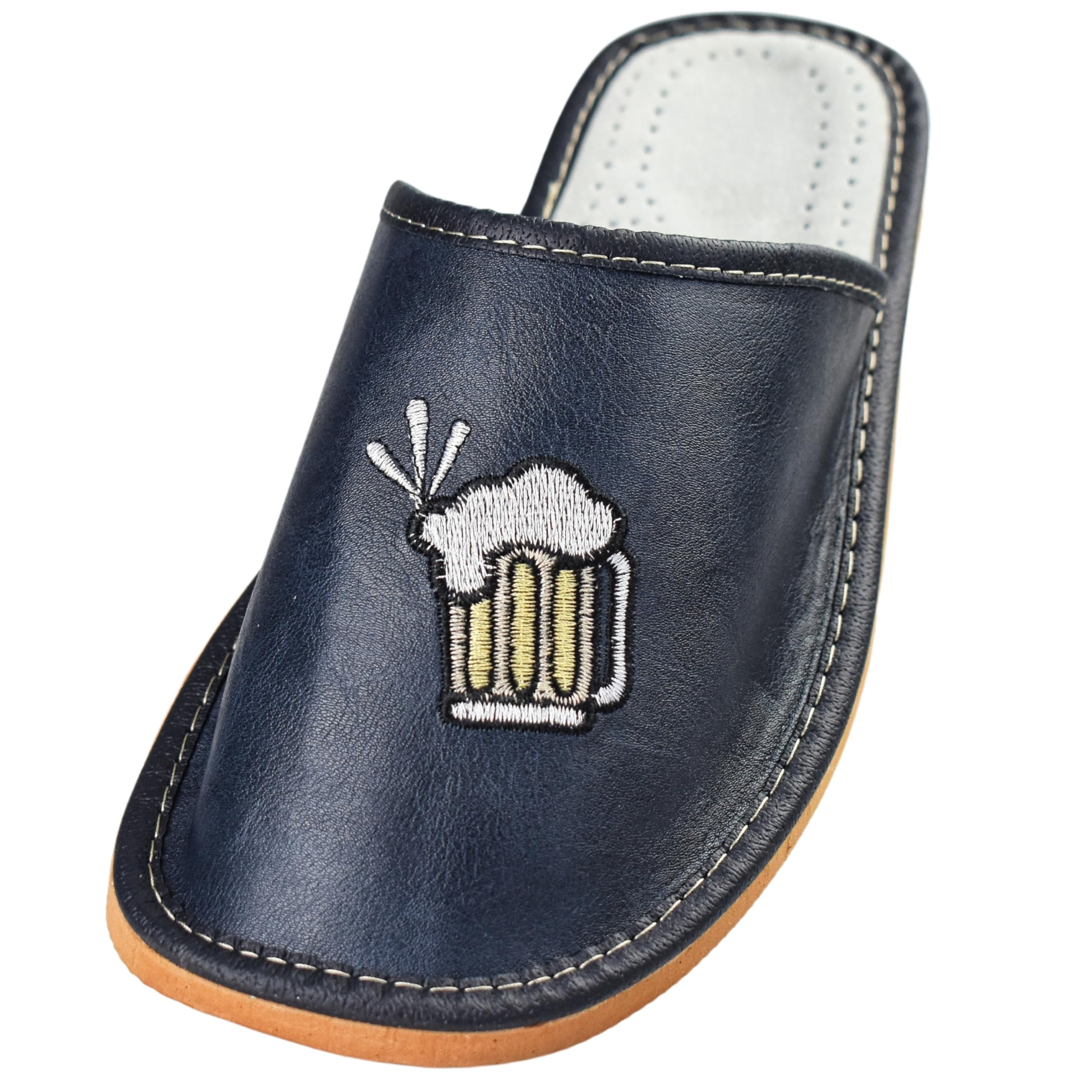 APREGGIO Men's Slippers - Handmade from Natural Leather with Beer Embroidery Solid Sole Size 40-46