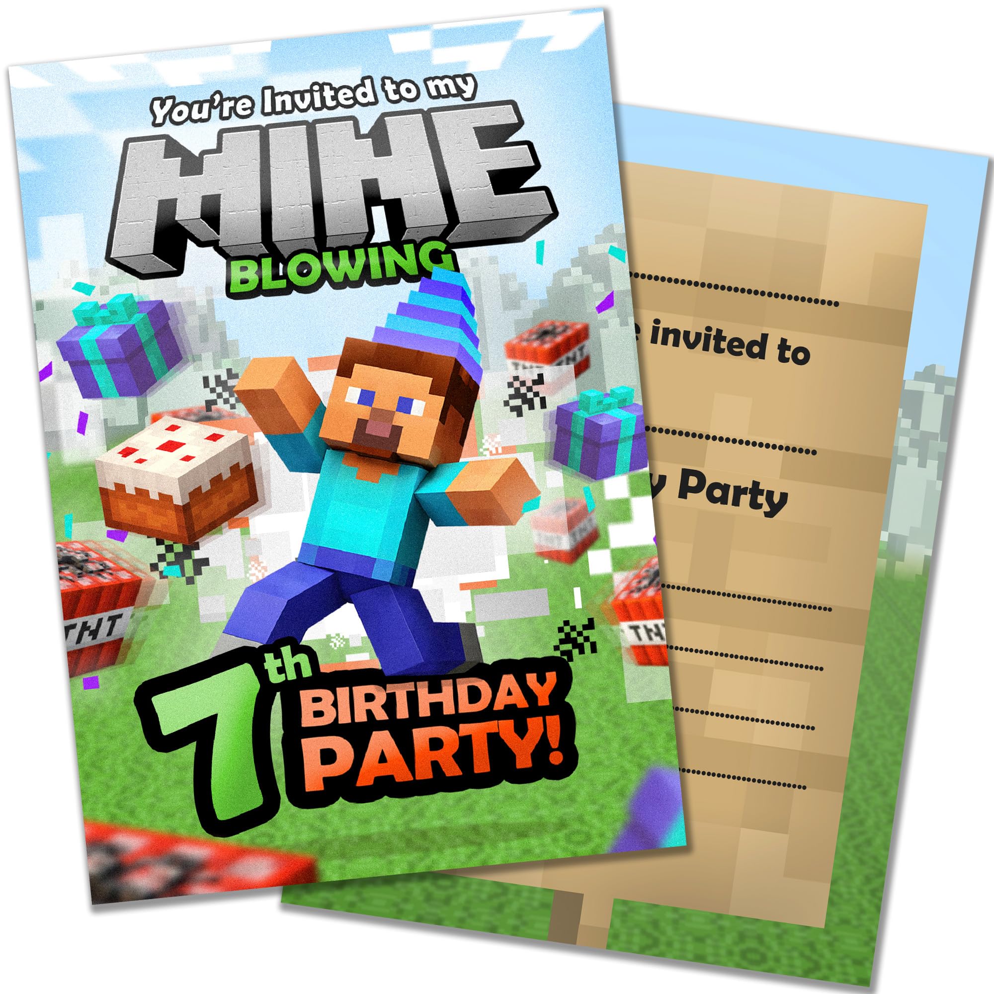 Olivia Samuel 20 Pack of 7th Birthday Invitations - Mine Blocks Design Age 7 – Animated inspired Design – Ready to Write with Envelopes – Designed and Printed in the UK