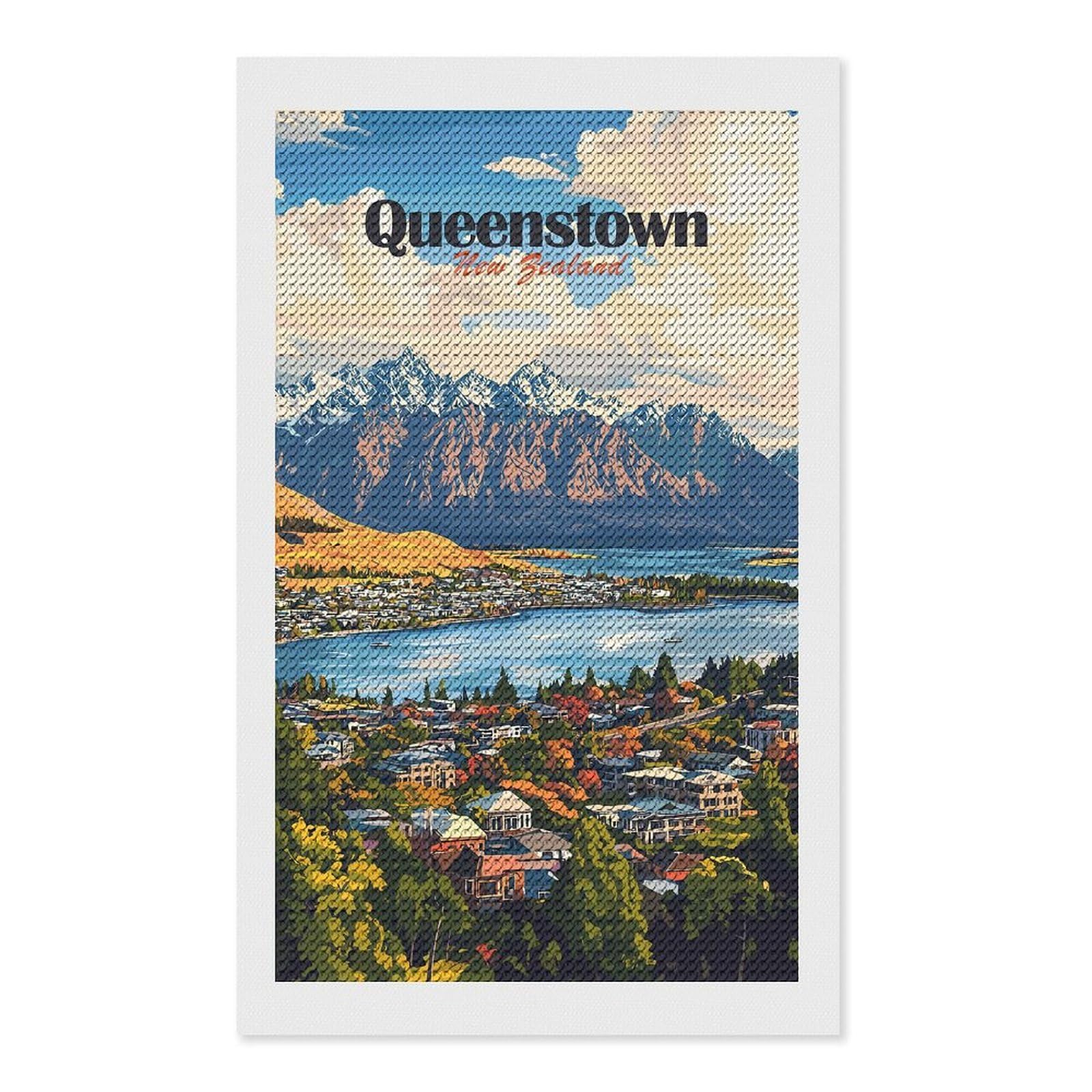 Junmoney Queenstown New Zealand Scenic Landscape Art Diamond Painting Set 12"x20", Modern Decor, for Beginners, Printed Canvas, Thoughtful Handmade Gift, with Tool Kit