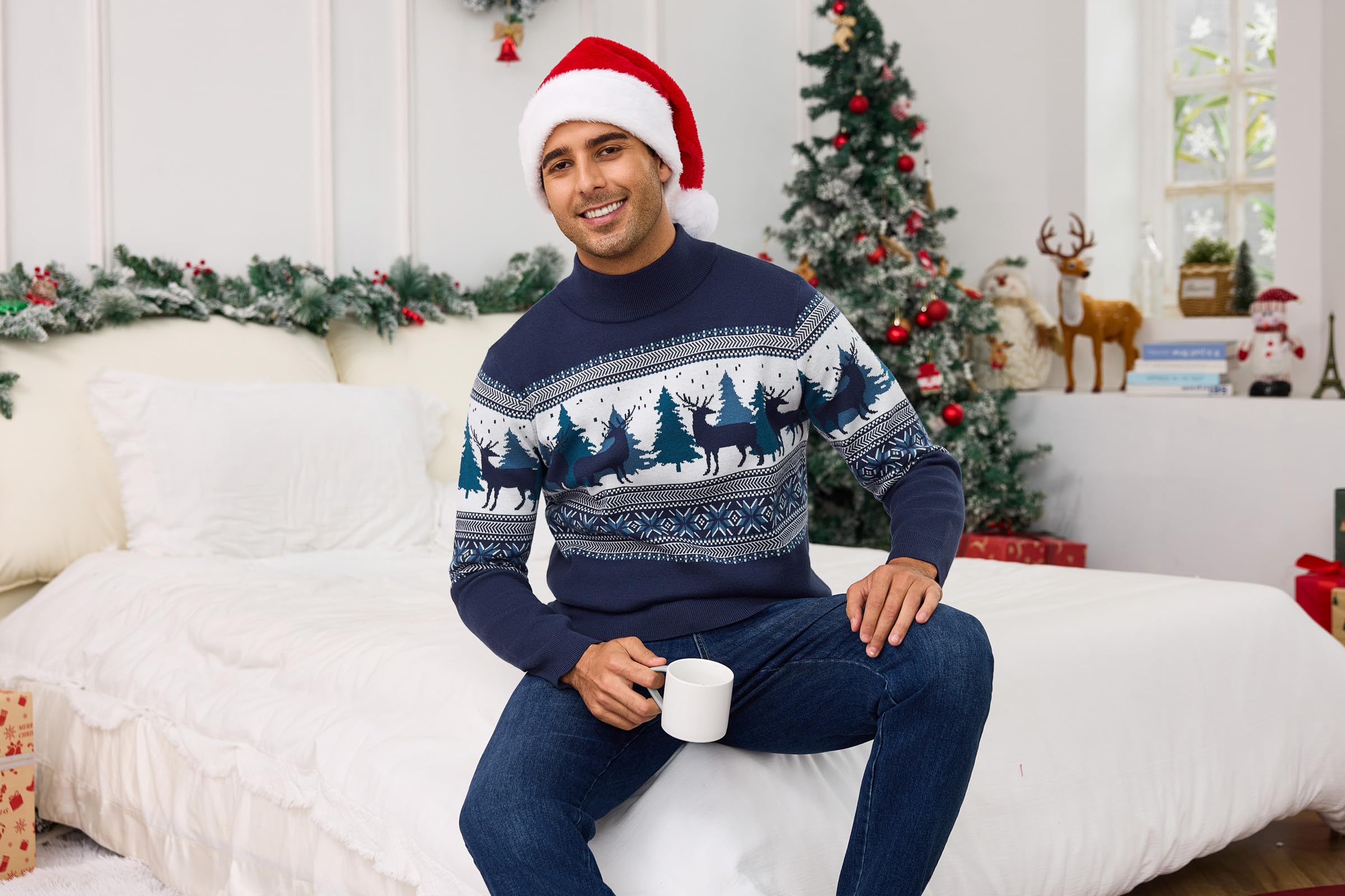 Świąteczny sweter męski z golfem z reniferem, elegancki i ciepły zimowy sweter z dzianiny, zabawny świąteczny sweter na imprezę i czas wolny S-XXL