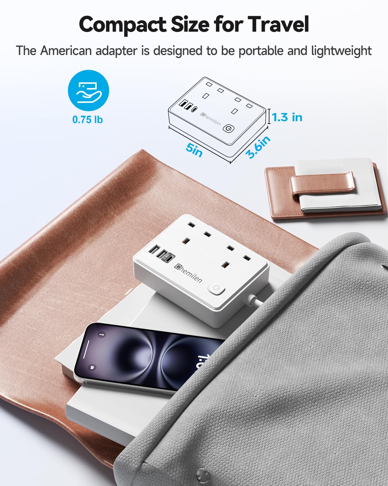 UK to US Plug Adaptor 2 UK Outlets & 3 USB Ports, US Adapter Travel from UK with 1.5M Extension Cable for American, Mexico, Canada, Thailand and More(Type B) — view 5