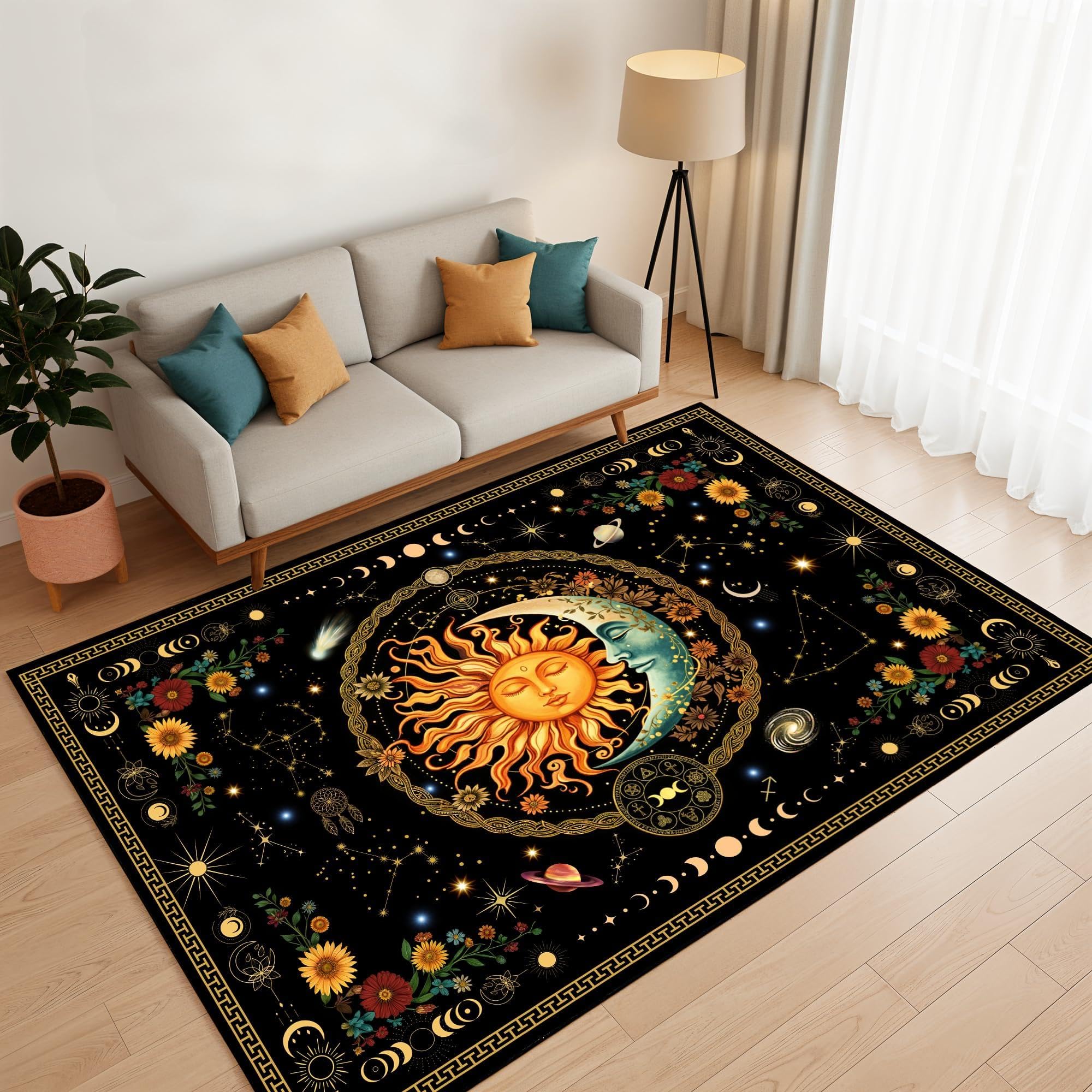 Bycmuoz Boho Chic Celestial Area Rug, 180x230cm, Astrology Cosmic Galaxy Entrance Mat, Moon Phases Occult Crescent Non Skid Indoor Rug, Home Decor with Non-Slip Backing Mat for Sofa Floor
