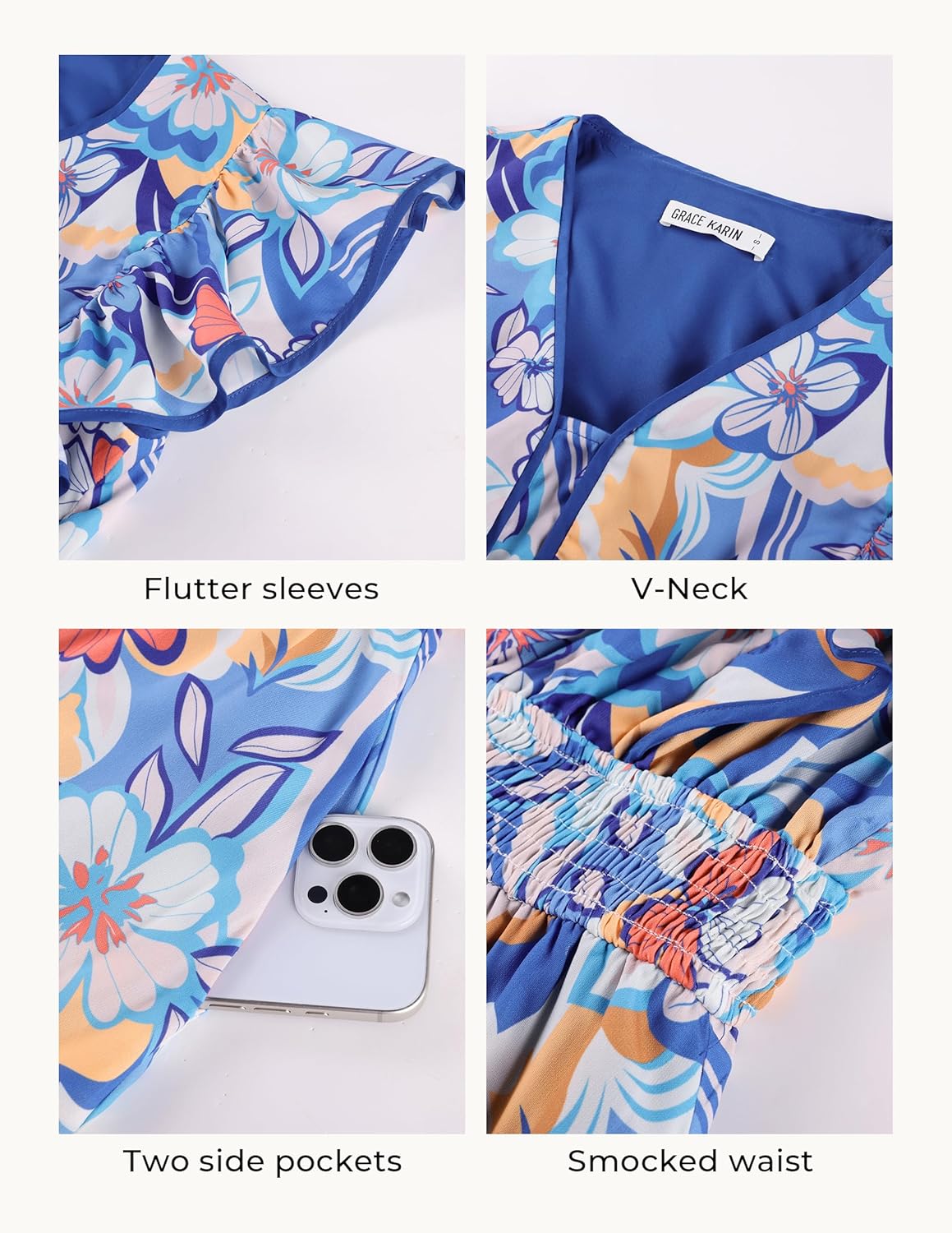 GRACE KARIN 2026 Summer Wedding Guest Dresses for Women Ruffle Sleeve Boho Midi Dress Smocked Flowy Floral Dress with Pocket - Image 3