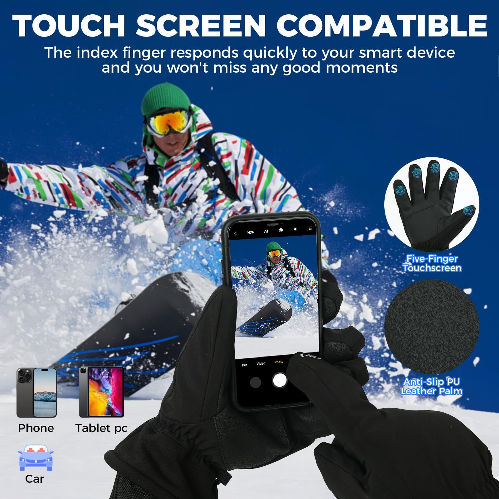ZENUTA Guantes de invierno impermeables para hombre, guantes de esquí de nieve resistentes al viento, guantes térmicos cálidos transpirables para mujer, guantes de pantalla táctil de 5 dedos para