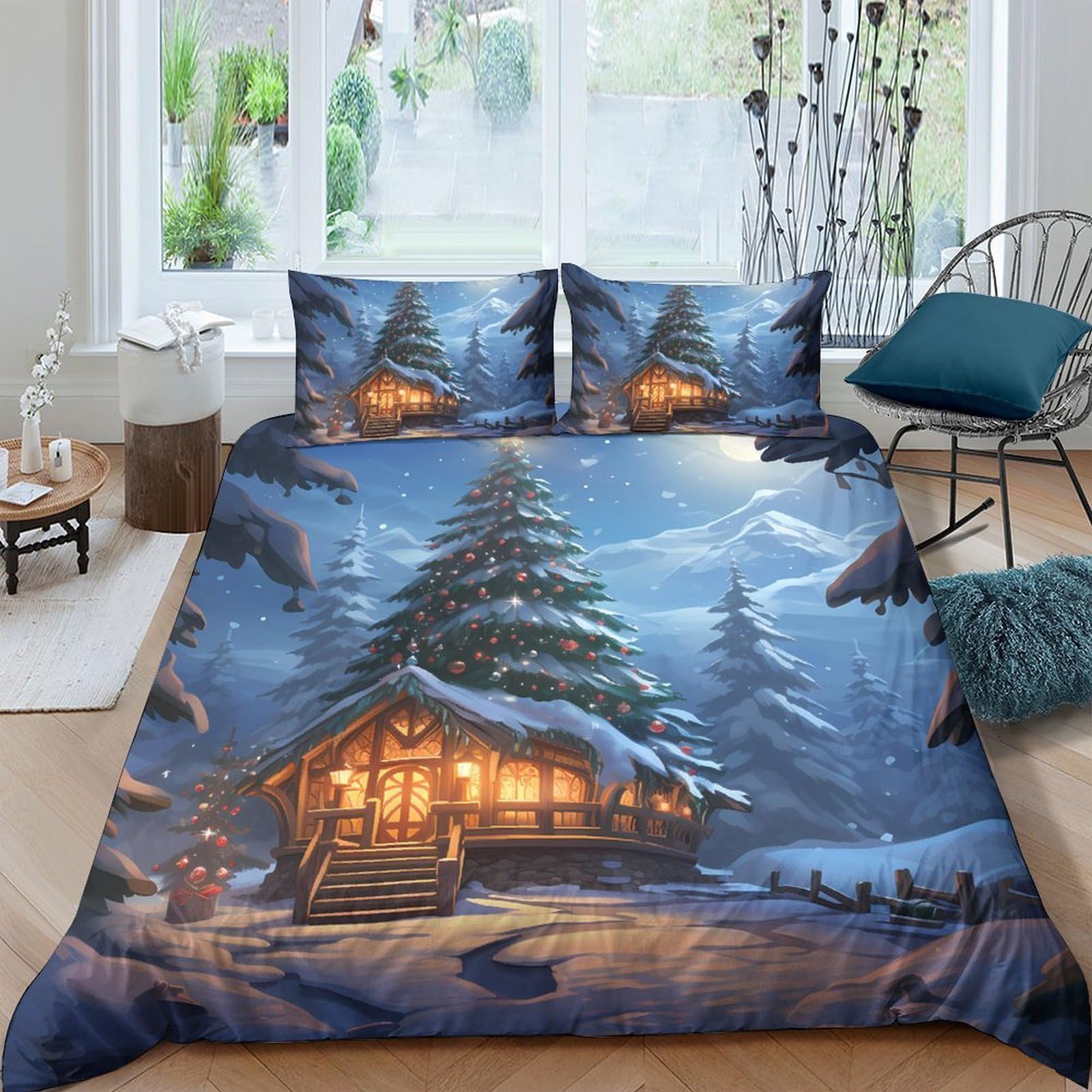 GPLZQXKJNH 3D Printed Winter Cabin Duvet Cover Microfiber Soft Breathable Snowy Forest Bedding Set with 2 Pillowcases for Bedroom Decor Single（135x200cm）
