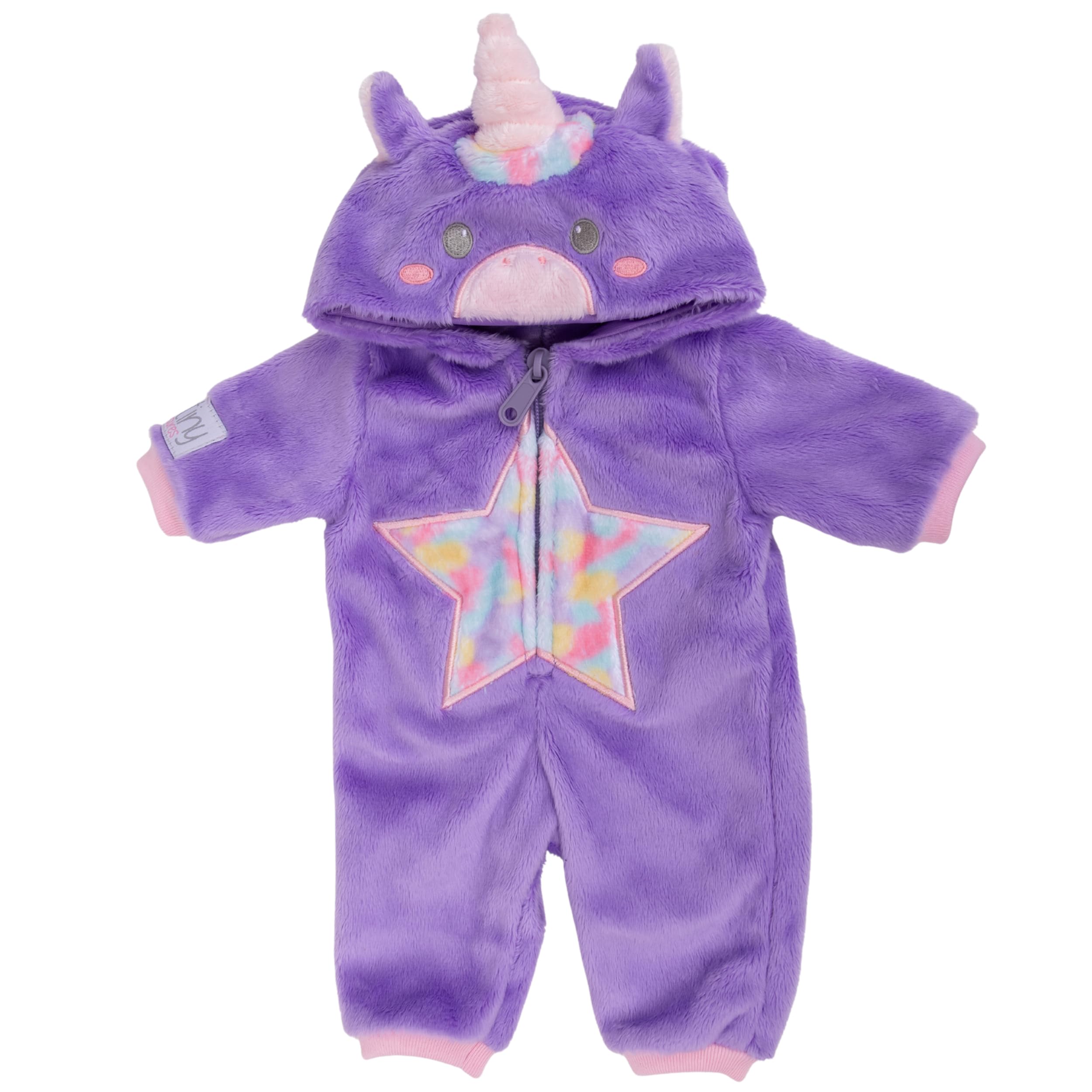 Tiny Treasures Unicorn Star All-In-One Outfit for 44cm Dolls - Soft Unicorn Baby Doll Clothes with Hood, Zip Fastening & Organza Gift Bag