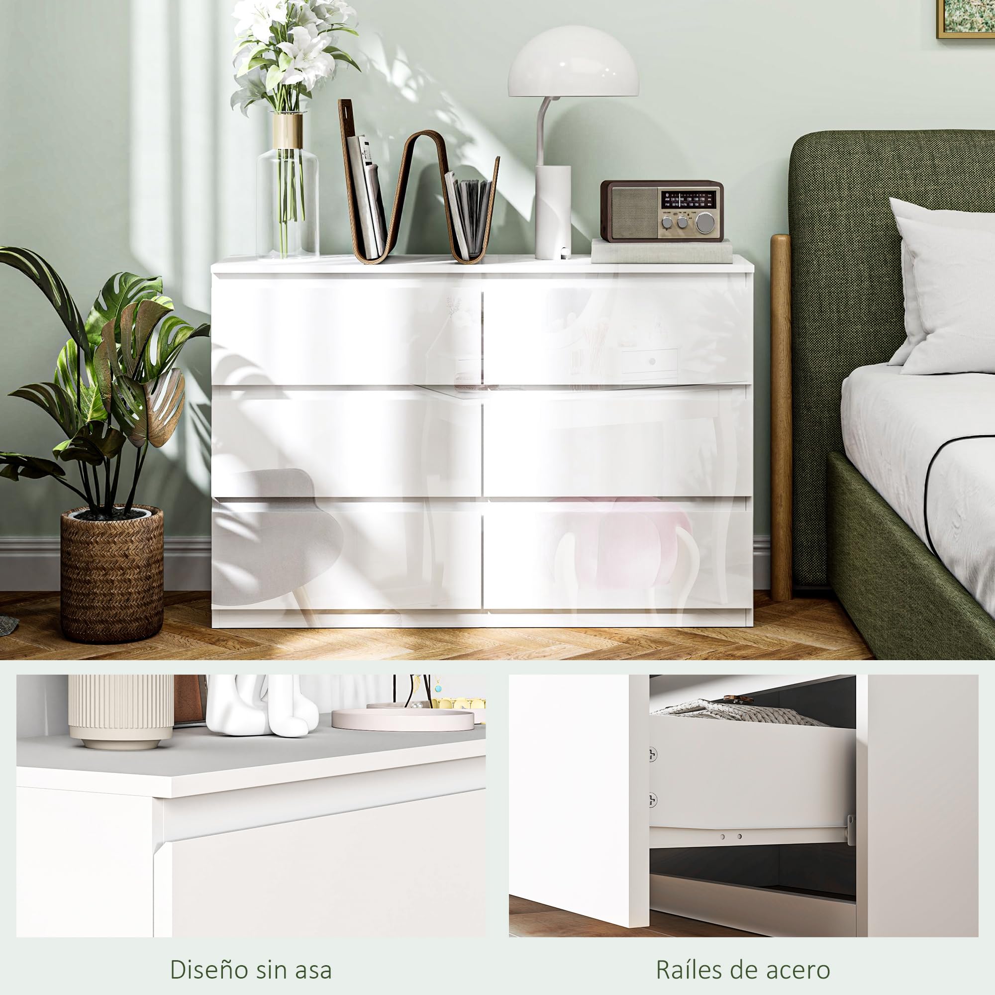HOMCOM Cómoda con 6 Cajones Cómoda de Dormitorio Moderno con Diseño Anti-vuelco Cajonera para Salón Pasillo 112x34x75 cm Blanco Brillo