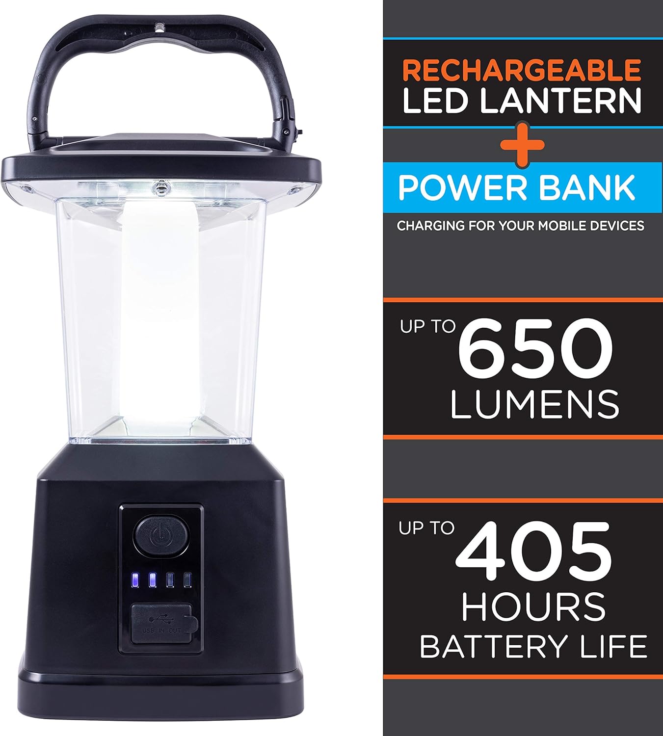 Enbrighten LED Camping Lantern highlighting 650 lumens and 405 hours battery life