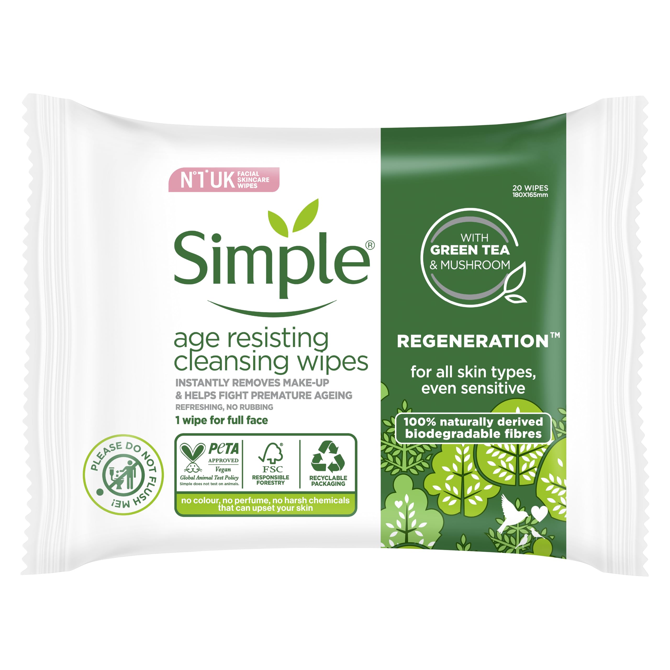 Simple Age Resisting Hypoallergenic Biodegradable Wipes for Sensitive Skin 20 wipes