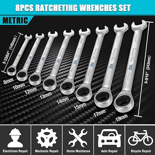 Miniatura 6 de DURATECH Juego de llaves de trinquete extralargas de 9 piezas y 8 piezas de 90 dientes, métricas, acero CR-V