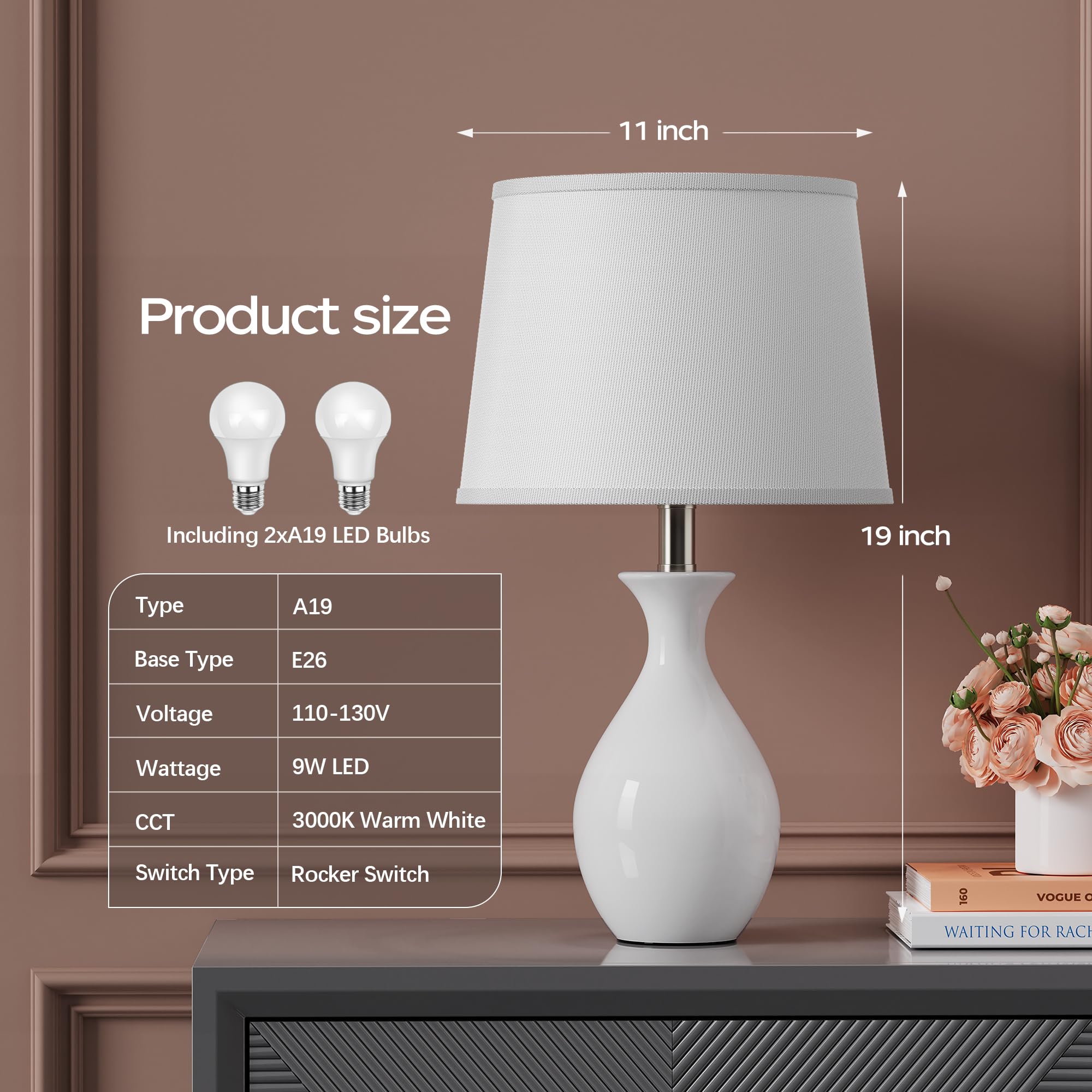 PARTPHONER Tischlampe 2er Set, Moderne Keramik Nachttischlampen für Nachttische, Klassische Kleine Lampe Nachttischlampe für Schlafzimmer Wohnzimmer Schreibtisch Beistelltisch Wippe Swtich Weiß