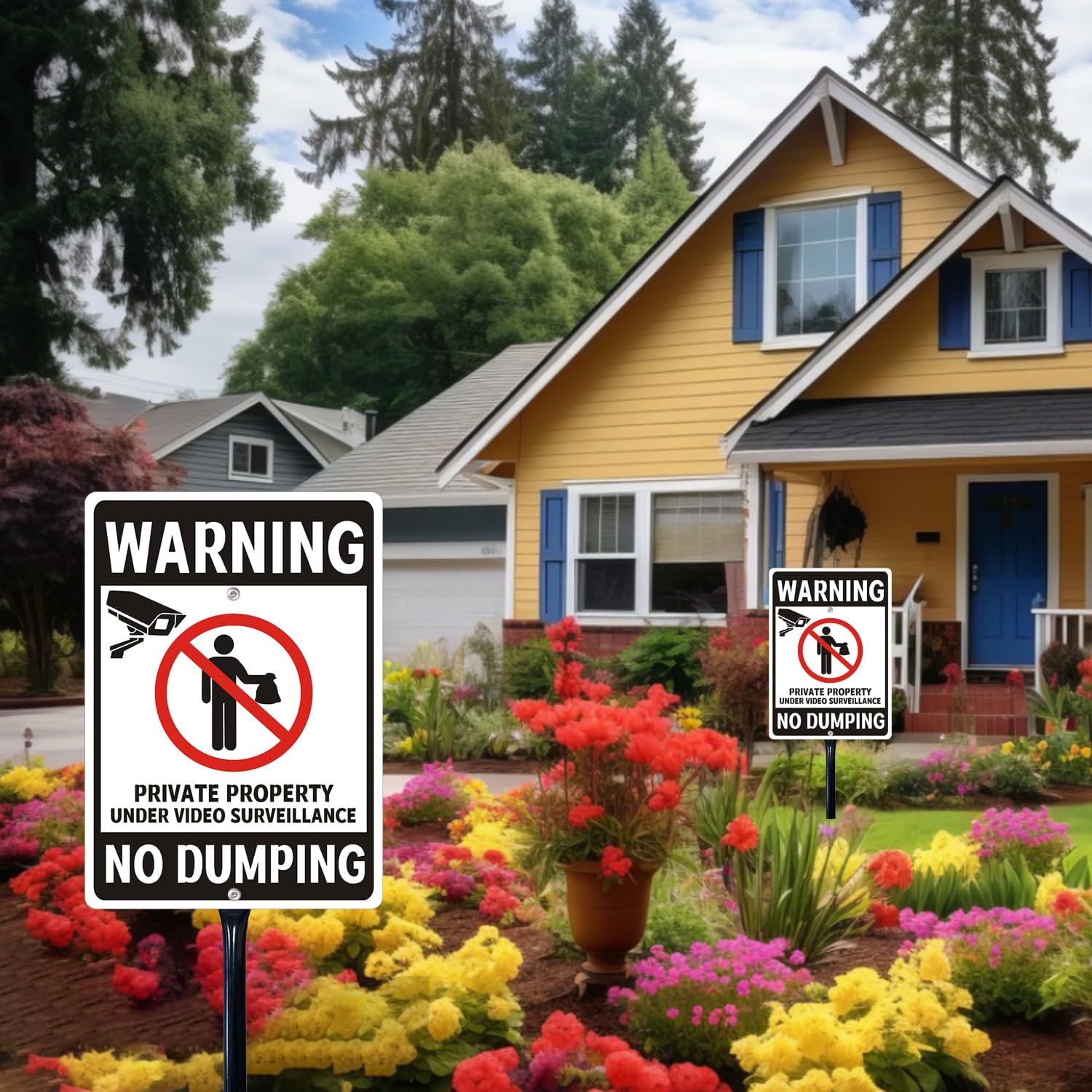 No Dumping Sign with 34.6" Stake, 10"x14" Metal No Dumping Allowed Sign, Private Property No Illegal Dumping Yard Sign with Video Surveillance Notice