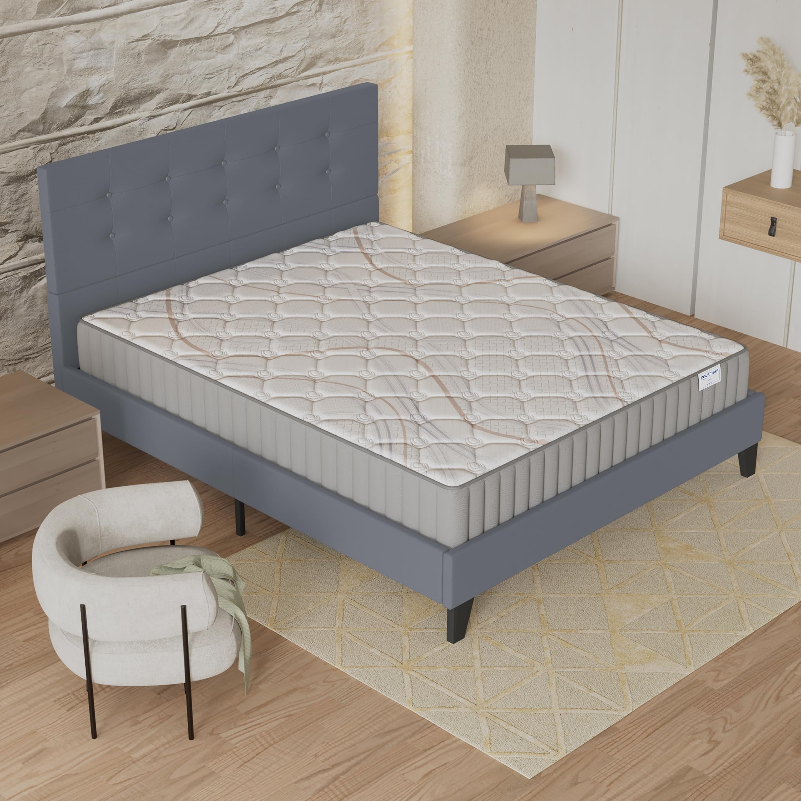 NOVEMBER- Ensemble Matelas + Sommier & tête de lit capitonnée (140 x 200cm) - Matelas Sirius Latex Naturel d’épaisseur 16cm + Lit Stable & Robuste, revêtement synthétique Gris