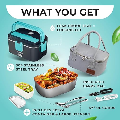 Miniatura 20 de FORABEST - Lonchera eléctrica 2 en 1, calentador de alimentos portátil para automóvil y hogar, a prueba de fugas, 2 contenedores extraíbles, tenedor