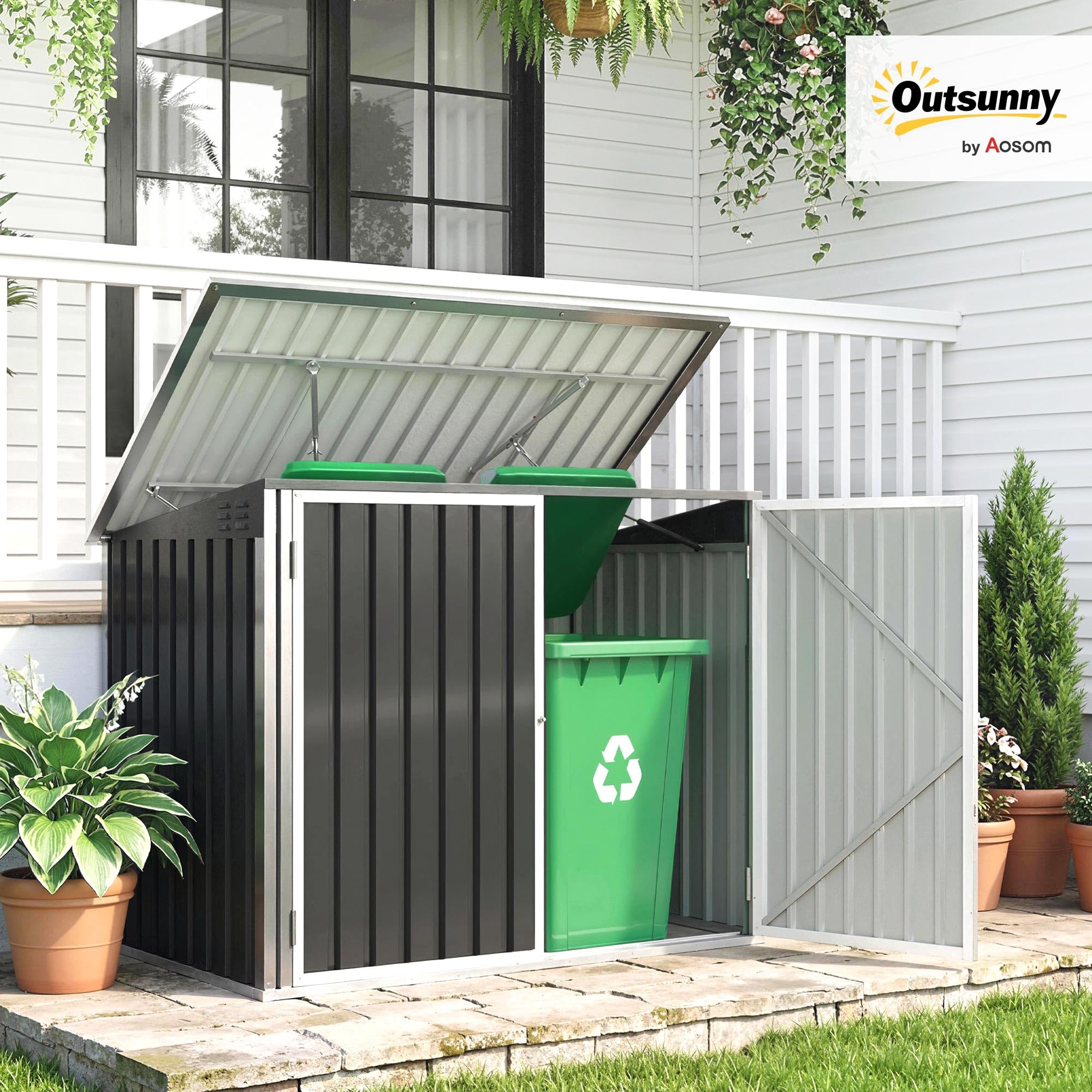 Outsunny Casetta per Spazzatura Esterna 1.91m² in Acciaio Zincato con 2 Porte Bloccabili, Contenitore per Bidoni Rifiuti con Tetto Apribile Prese d'aria, Capanno da Giardino per 2 Bidoni, Grigio Scuro - 2