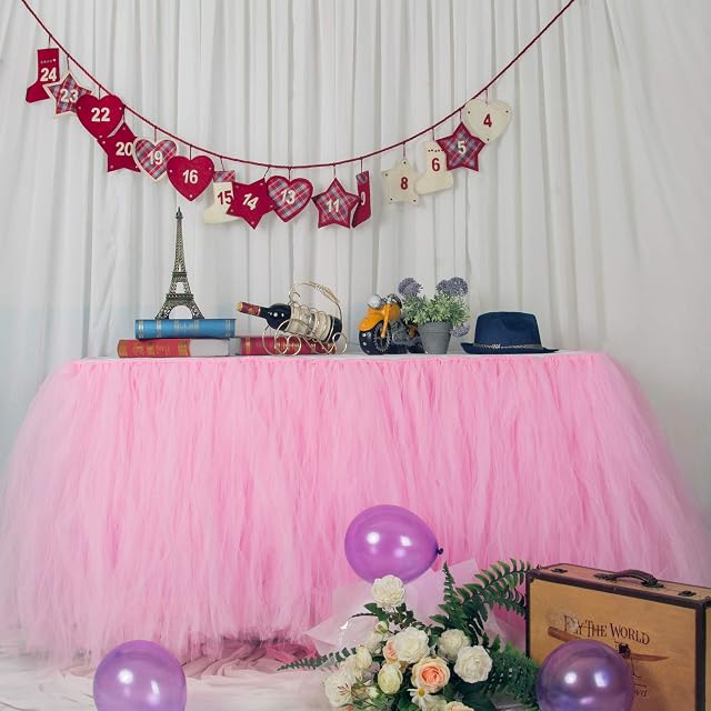 3ft / 91cm Pink Table Skirt, Romantic Tulle desk gauze, Table Decoration, Snowflake Wonderland Tutu Table Cloth, for Baby Shower, Wedding, Birthday, Party, Bar, Prom, Valentine's Day Christmas