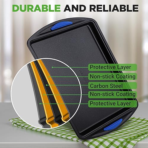 Miniatura 8 de NutriChef Juego de 3 bandejas antiadherentes para hornear – Juego de utensilios apilables de acero al carbono con asas de silicona – Bandeja para