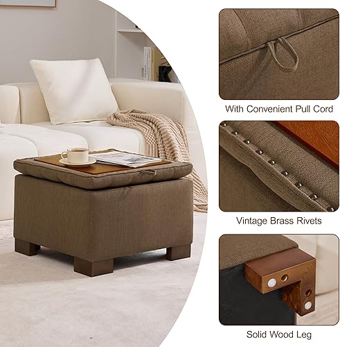 Miniatura 5 de Otomana cuadrada de tela de 24 pulgadas con bandeja de madera, moderno reposapiés con botones, mesa de café, otomana pequeña tapizada para sala de
