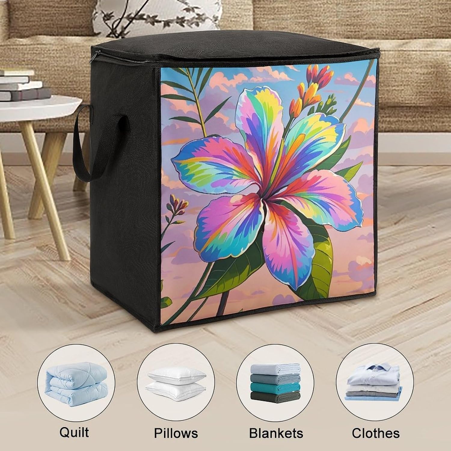 Eye-catching Hawaiian Flowers Storage Bag with Zippers And Handle Extra Large Bedding Comforter Storage Bag Foldable Blanket Storage Bags Fabric Moving Bags for Closet Organizer (70L)