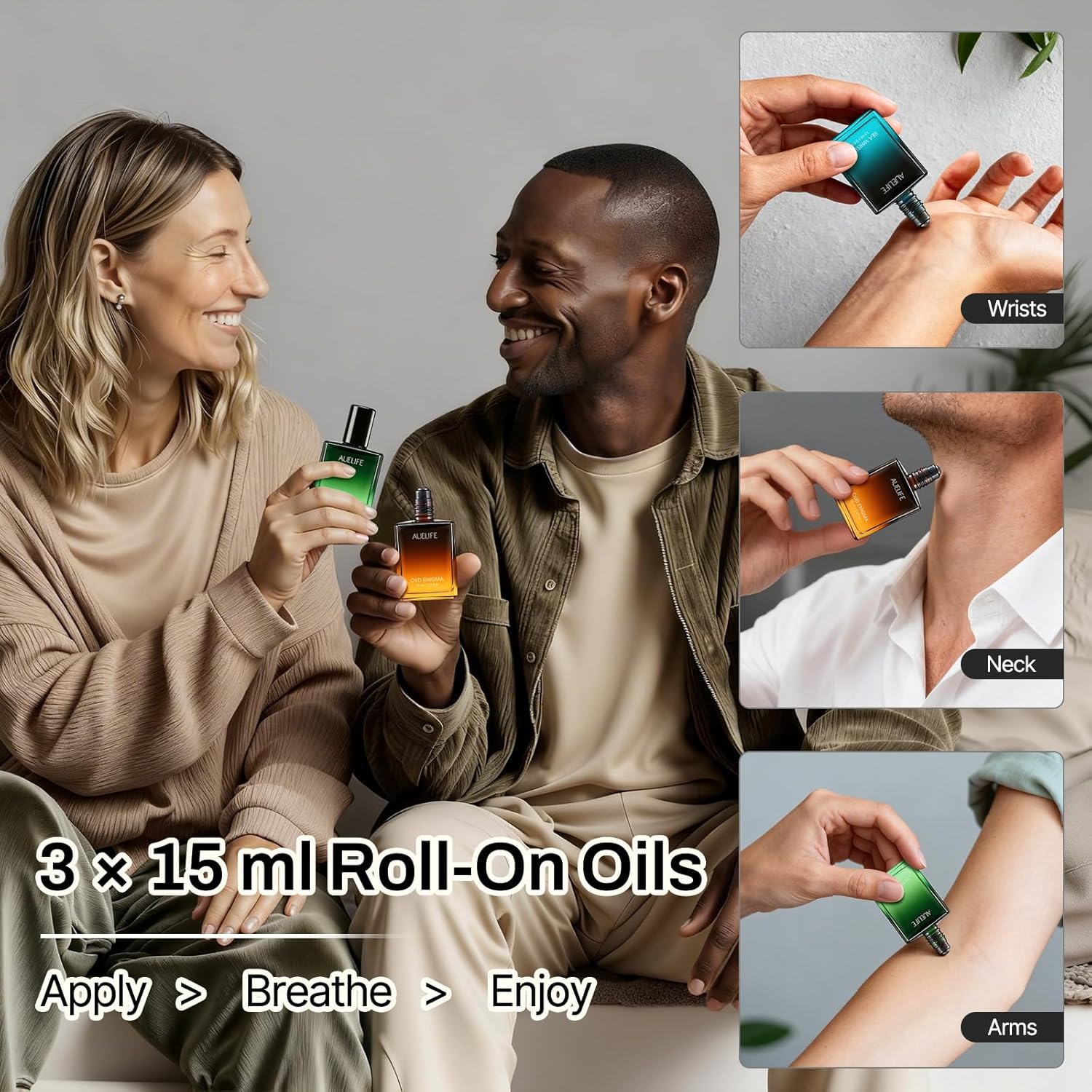 3 x 15ml Roll-On Essential Oil Set, Mens Fragrance Rollerball Oils Gift Set for Him, Men's Aroma Gift Set for Work, Travel & Daily Use, Scent of Peppermint, Sandalwood & Oud for Focus, Energy & Relax