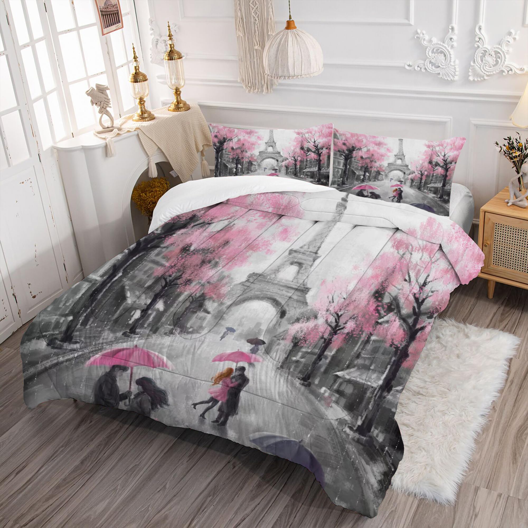 EDGZKO Paris Bedroom Comforter Set: Queen Size Eiffel Tower Bedding Sets Pink and Grey French Style Romantic Quilts Soft Bed Set for Teen Girls Women 1 Comforter & 2 Pillowcases