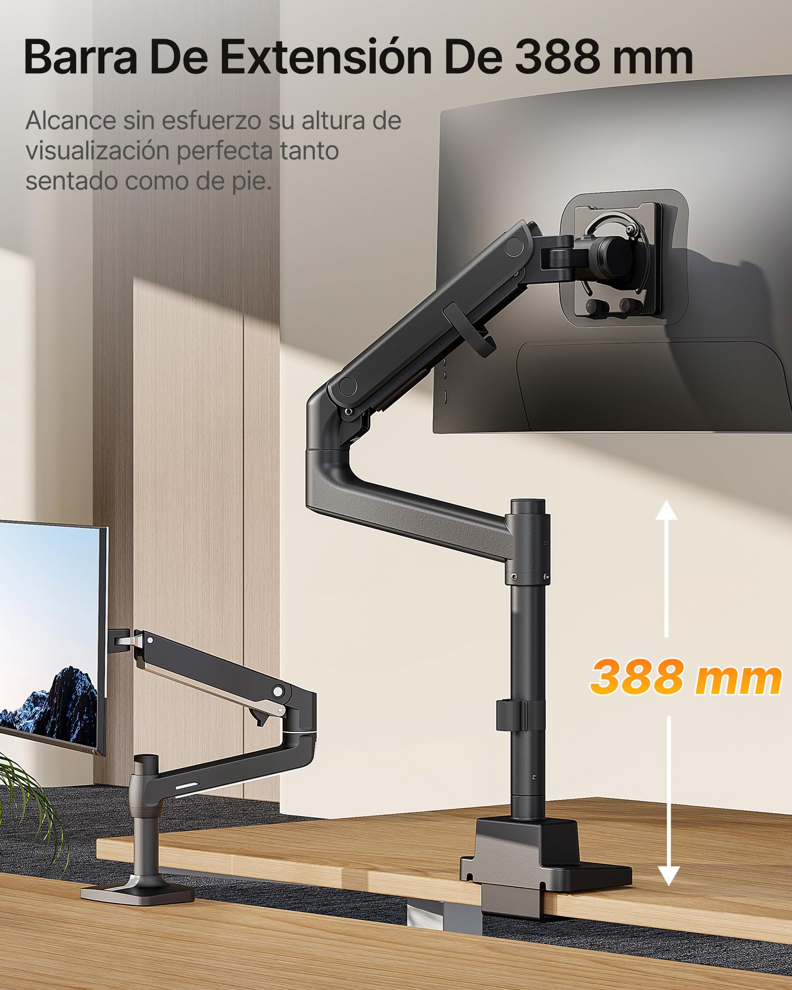 monTEK Soporte Monitor con Poste Alto y USB para 17-57" | Brazo de gas con diseño curvo para escritorios y monitores ultrapanorámicos, compatible con VESA 75x75/100x100, negro.