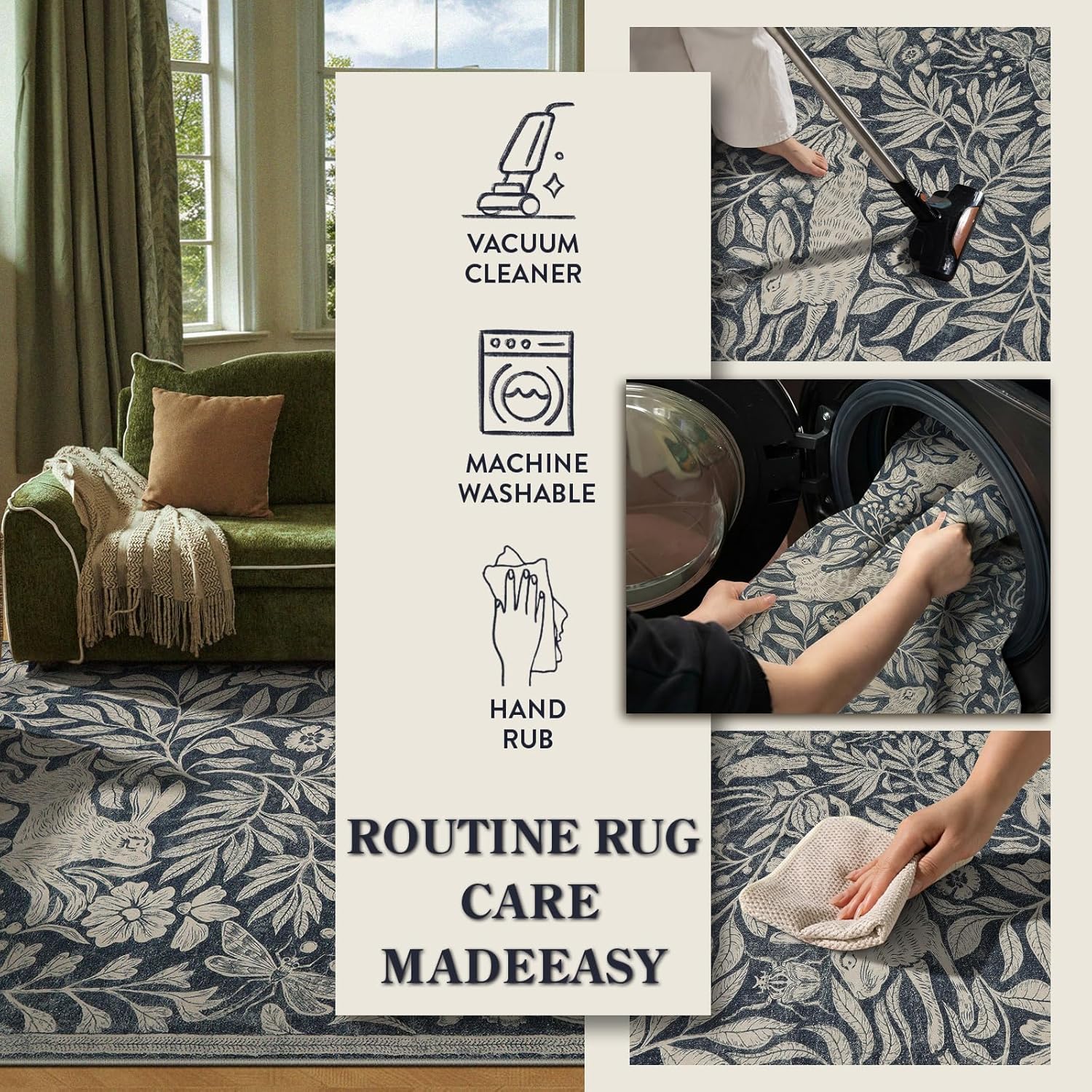 Lahome Nadine Forest Rabbit Indoor Rugs for Entryway, Animal Soft Washable Bedroom Easter Rug 3x5, Whimsical Woodland Dark Gray Carpet for Living Room Study, Bunny Stain Resistant Entrance Mat Indoor