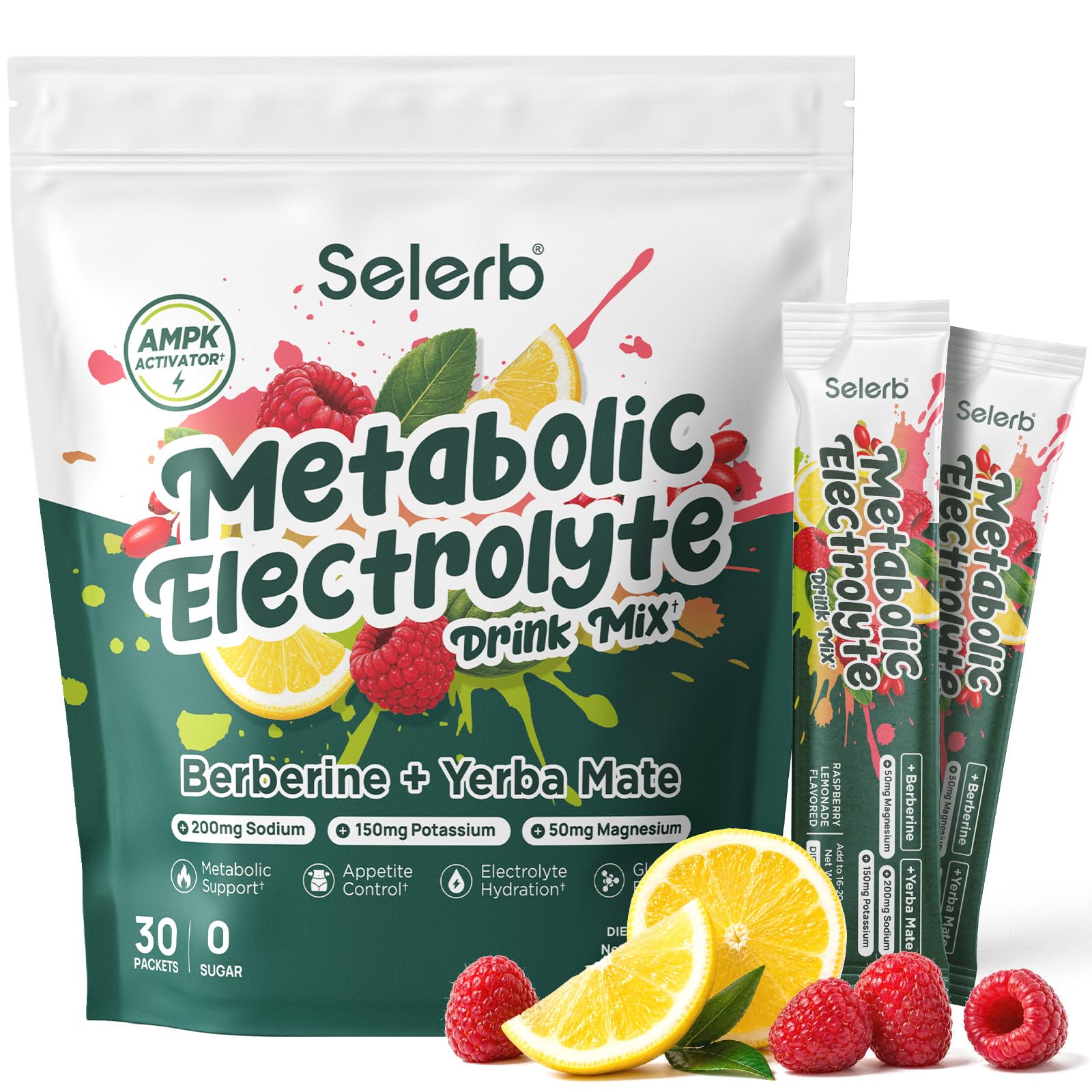 Selerb Suplemento para Controle de Peso em Pó com Eletrólitos, Berberina, Erva-mate e Chá Verde, 30 sachês
