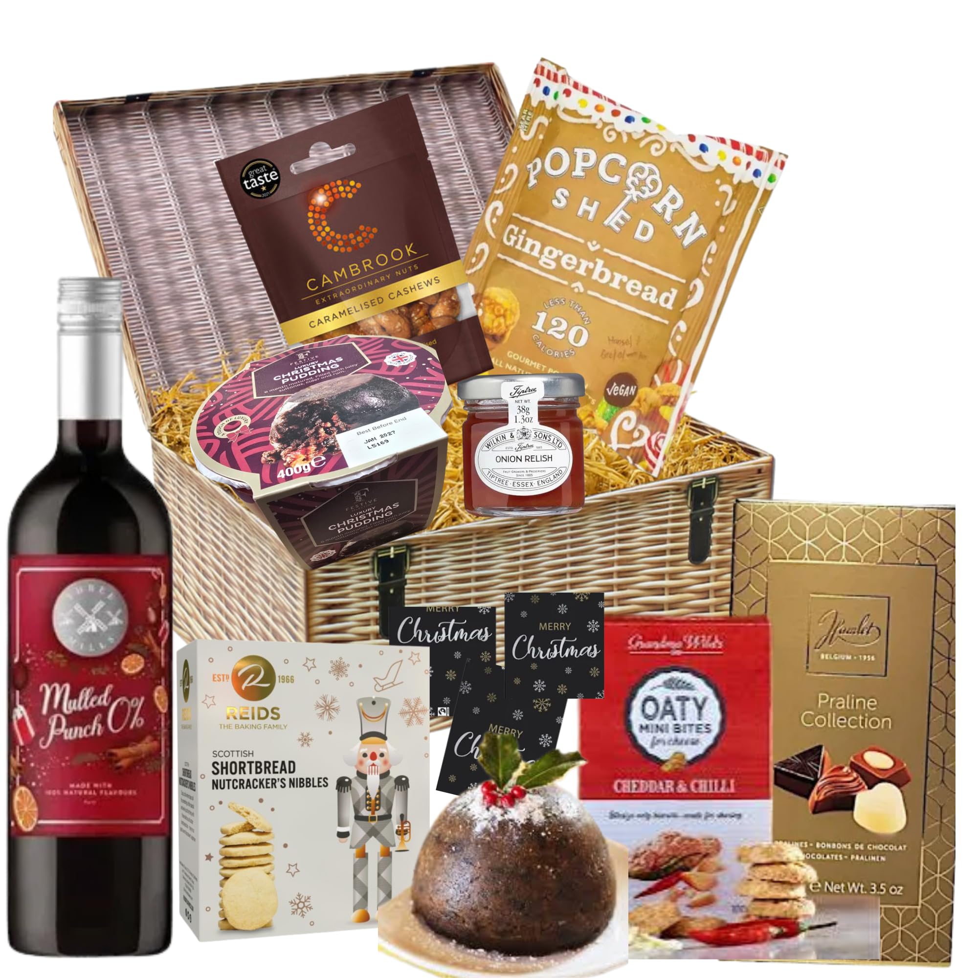Luxury Christmas Hamper In Wicker Effect Box - Premium Alcohol Free Food Hamper - For Couples, Friends & Families - Mulled Wine Punch, Christmas Pudding, Indulgent Pralines, Festive Gourmet Treats