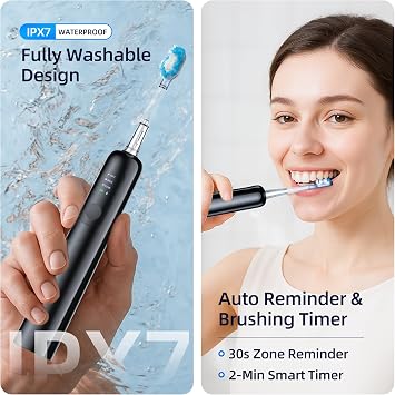 SYNHOPE 60° Oscillating Sonic Toothbrush - 33K RPM Power Clean, Unique 60° Swing Amplitude, 3 Brush Heads, IPX7 Waterproof - Teeth Whitening & Gum Health Boost (Black)