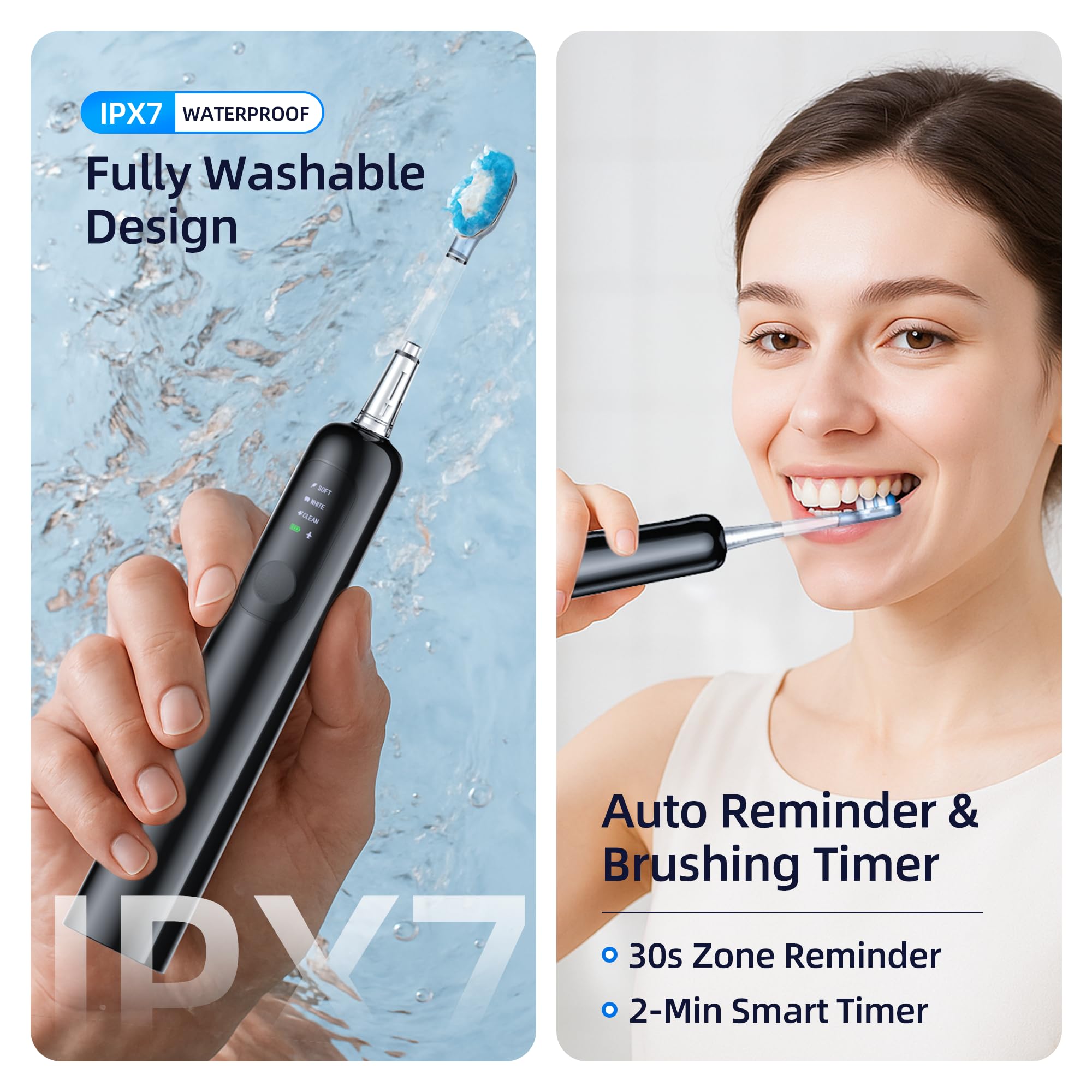 SYNHOPE Cepillo de dientes sónico oscilante de 60°, limpieza eléctrica de 33 K rpm, amplitud de oscilación única de 60°, 3 cabezales de cepillo, IPX7 impermeable, blanqueamiento dental (Negro)