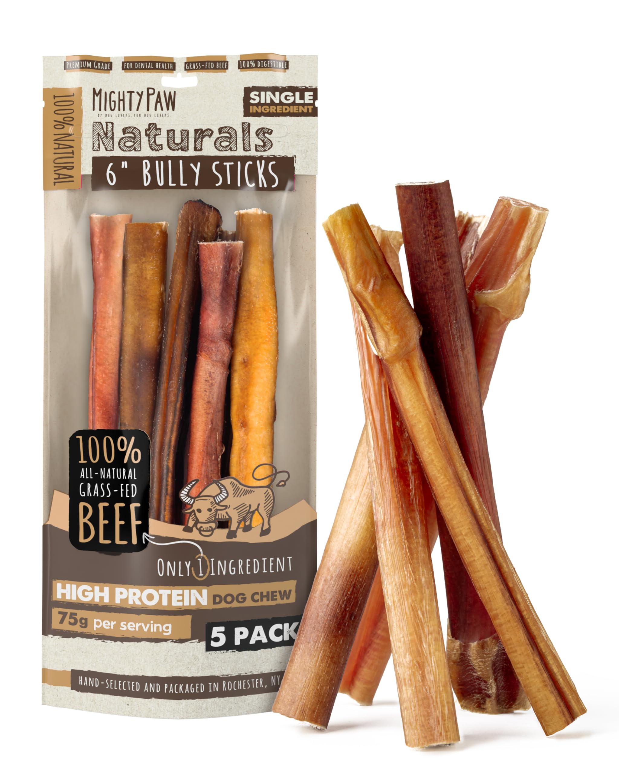 Mighty Paw Naturals Curly Bully Sticks for Dogs - Grass Fed Beef Chews. Bully Sticks for Large Dogs, Medium, Small Breeds. Lower Odor Treats for Small Pets. Single Ingredient 6” - 5 Pack