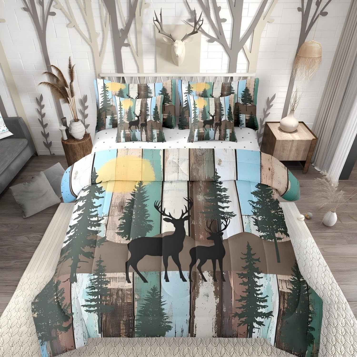 Elk Deer Twin Comforter Set with Sheets, Christmas Reindeer Pine Trees 7 Piece Bedding Set Farmhouse Decor Rustic Barn Door Bed in a Bag, Retro Countryside Rural Hunting Bed Sets, Sky Blue