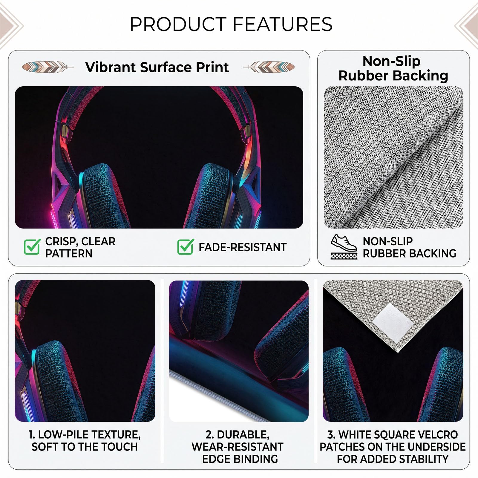 Gaming Néon Grand Tapis Salon Antidérapant Lavable en Machine 200x300cm, Poil Ras Doux Casque Gaming Tapis pour Salle a Manger Bureau Cuisine Decoration Chambrel