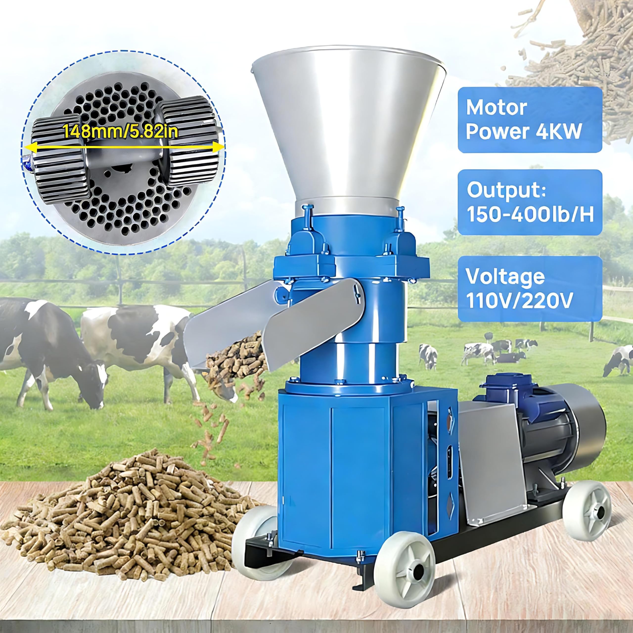 Máquina de pellets de alimentación para pollo, placa de agujeros de 8 mm, salida máxima de 100 kg/h, granulador de 4,0 kW con rodillo de presión de dos cabezales para producción de alimentos animales