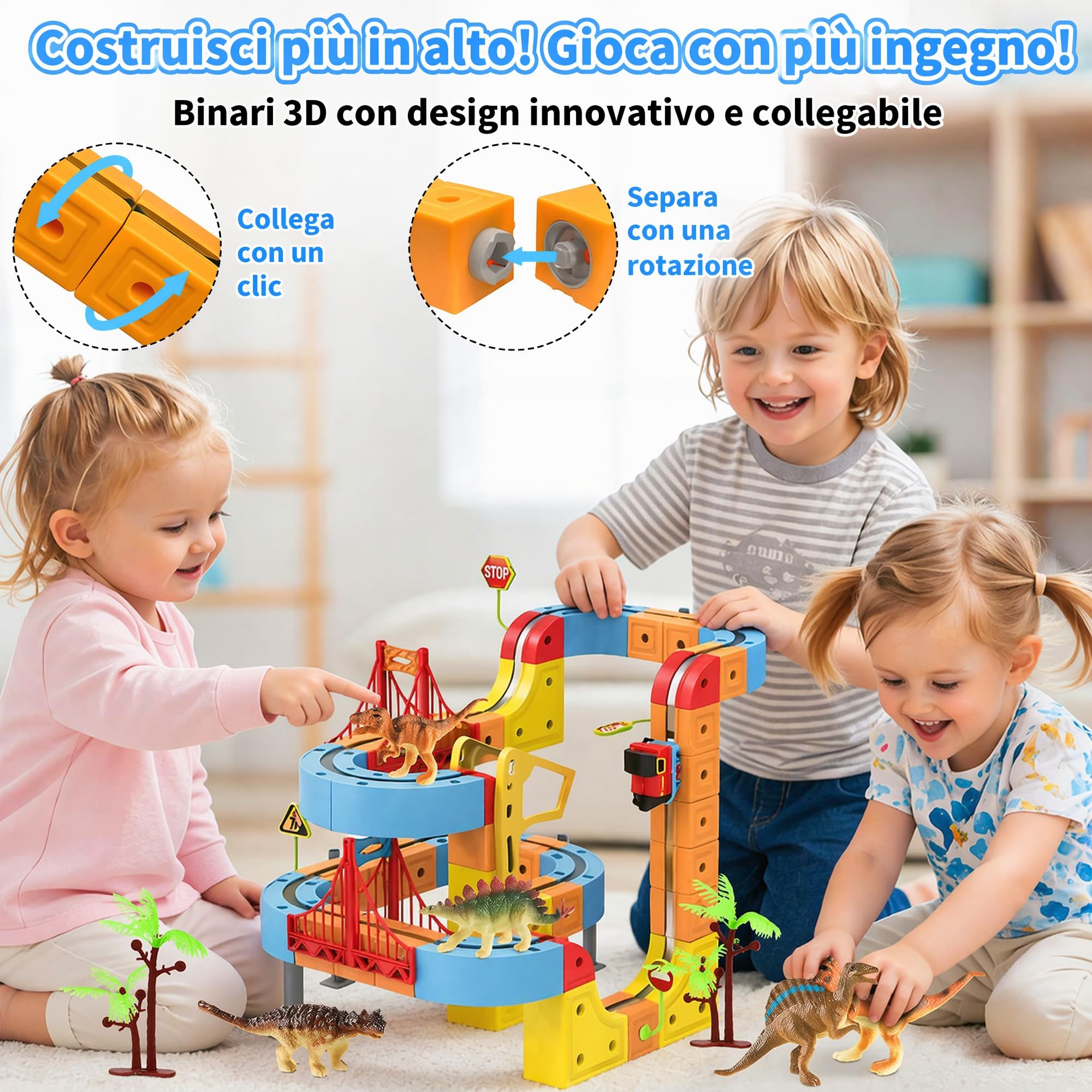 Clickrail Electric Train Set flessibile Race Track, blocco con giocattolo di dinosauro/palma di cocco/adesivi, set di treno magnetico creativo con layout 3D, giocattolo regalo per bambini