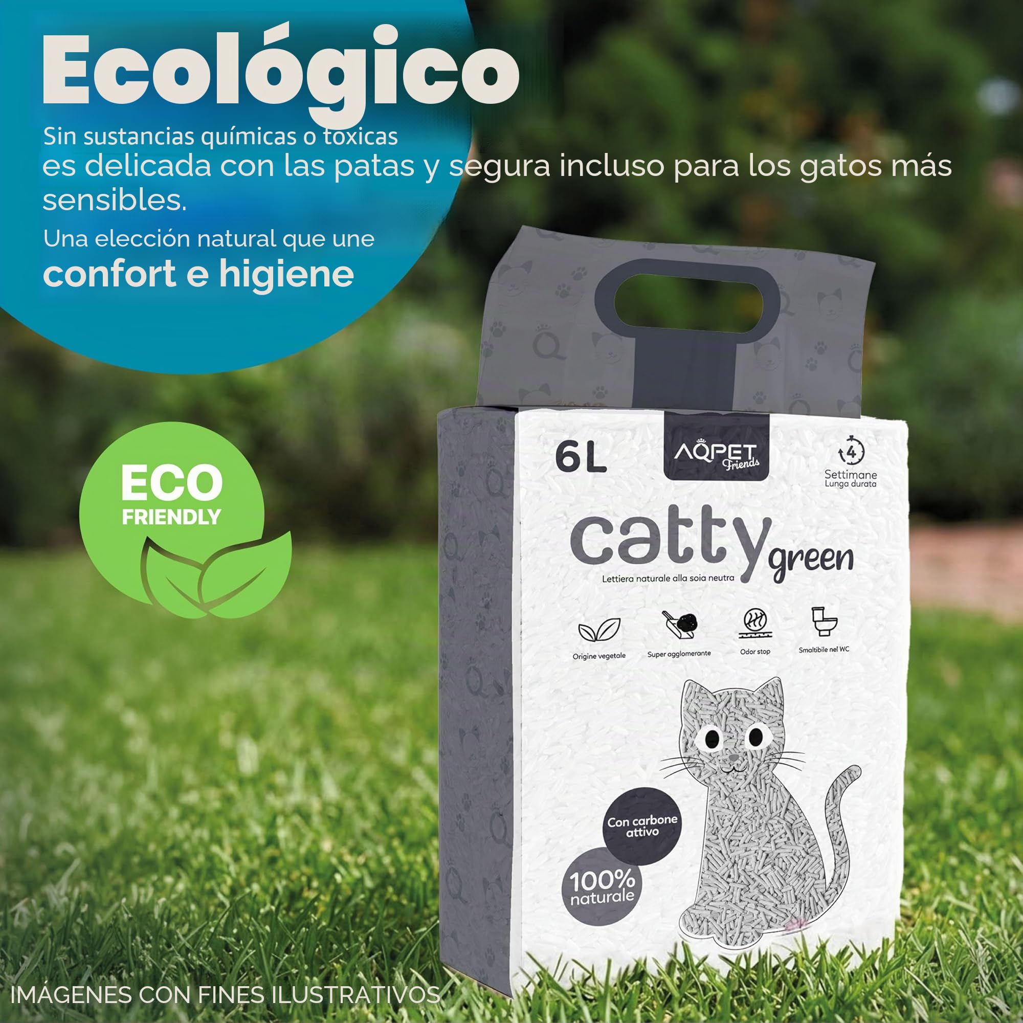 Aqpet Friends CattyGreen Arena para Gatos de Soja Natural de Origen Vegetal, sin Fragancia de carbón Activo