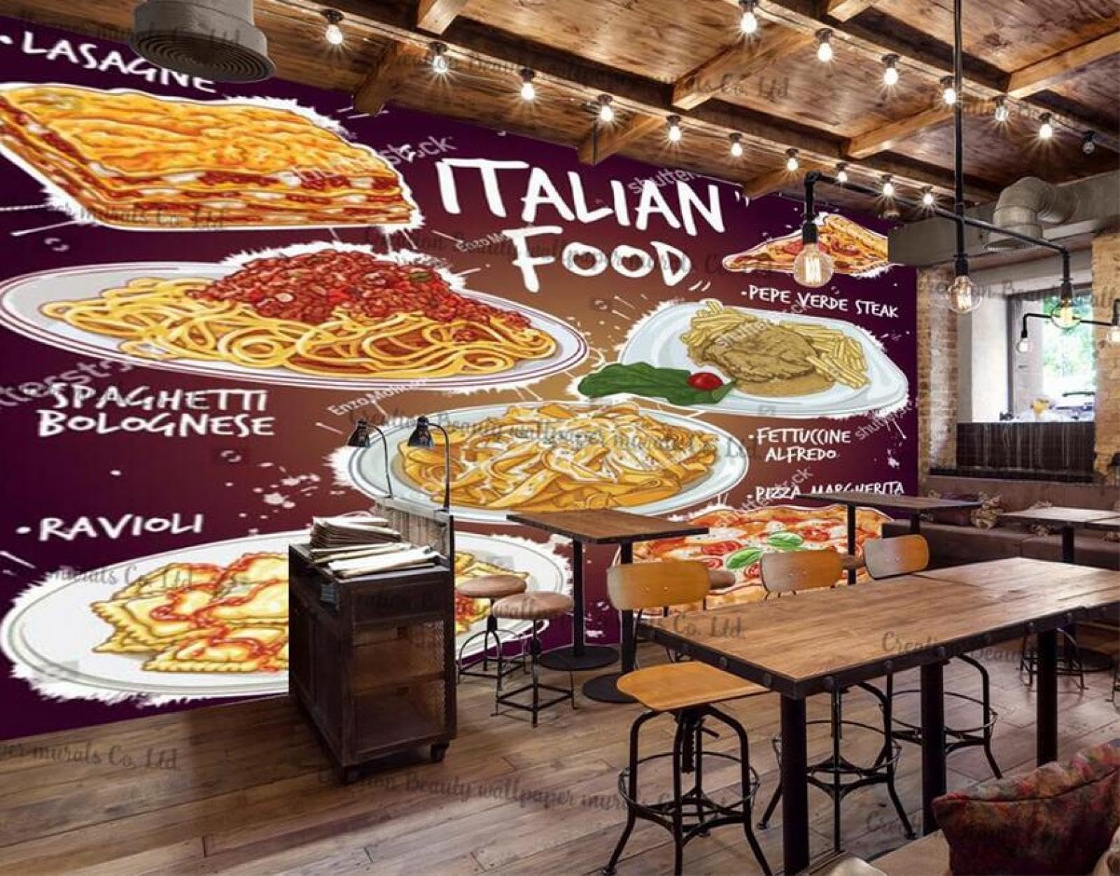 Tapete Benutzerdefinierte 3D Fototapete Home Decorhandbemalte Italienische Küche,Industrielles Dekor,Individuelle Wandtapete,Pizza,Margherita Und Ravioli,Fast-Food-Tapete-300Cmx210Cm