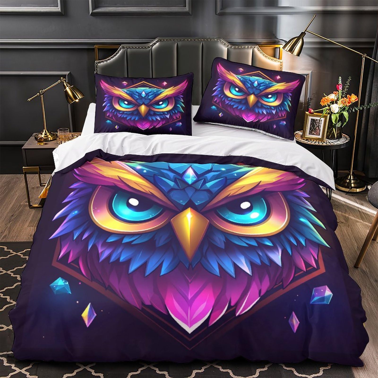 Housse de couette hibou 3D 140x200cm zippée pour changer le lit sans effort